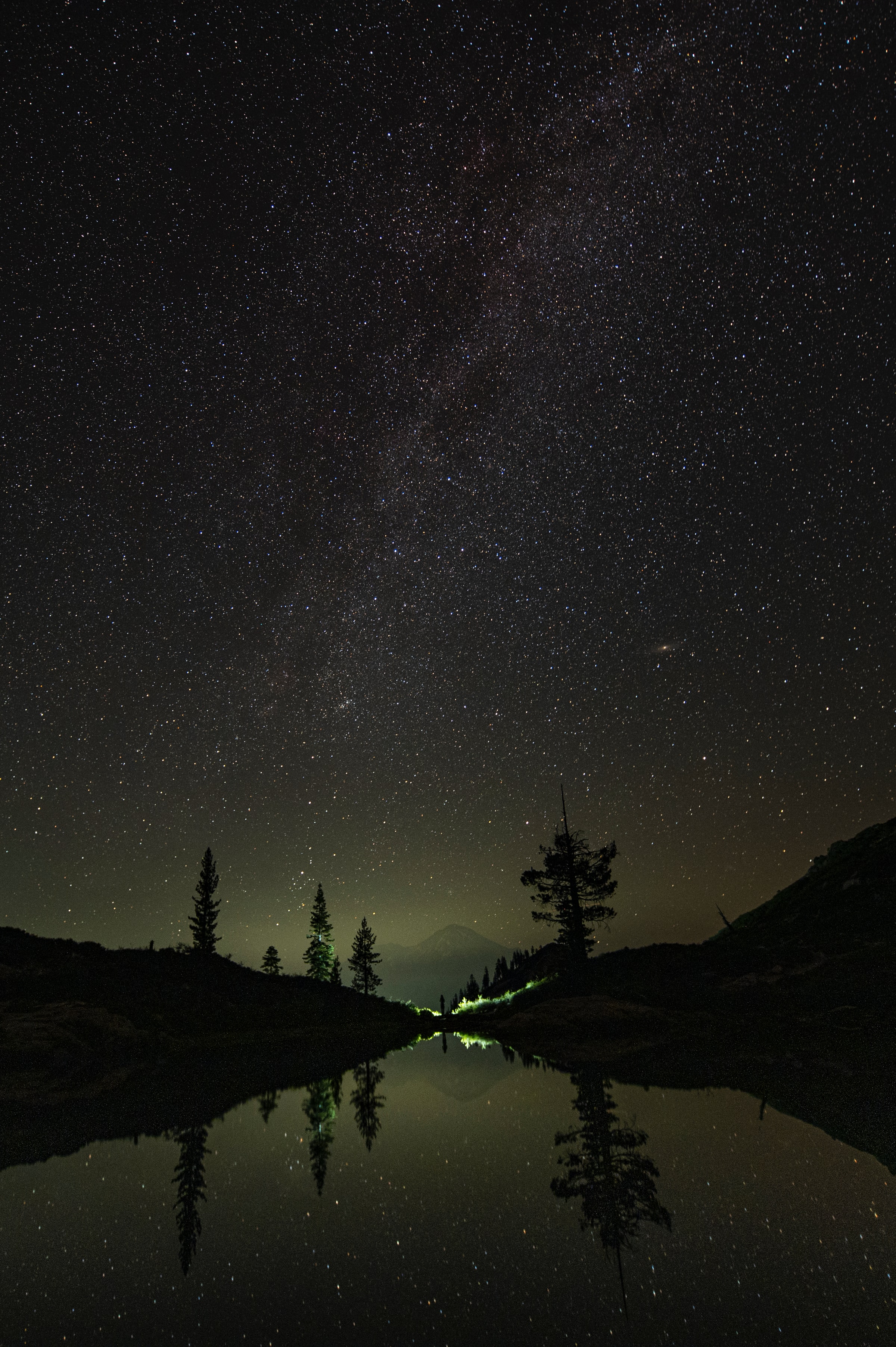 stars, trees, nature, night, mountain, reflection 5K