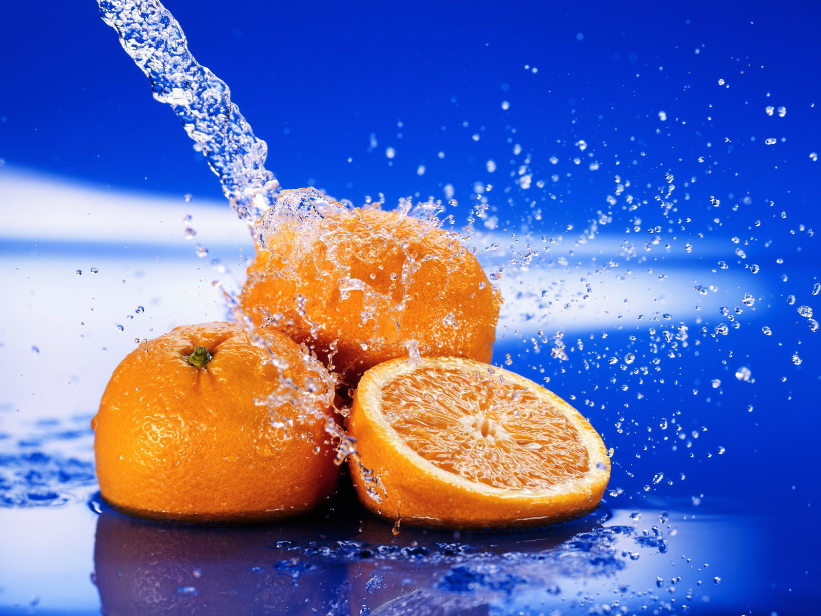 water, oranges, fruits, food, blue wallpaper for mobile