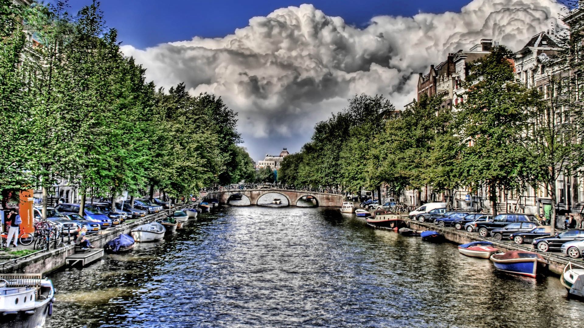 Download mobile wallpaper Ripple, Rivers, Sky, Ripples, Bridge, Cities, Clouds, Boats, Hdr for free.