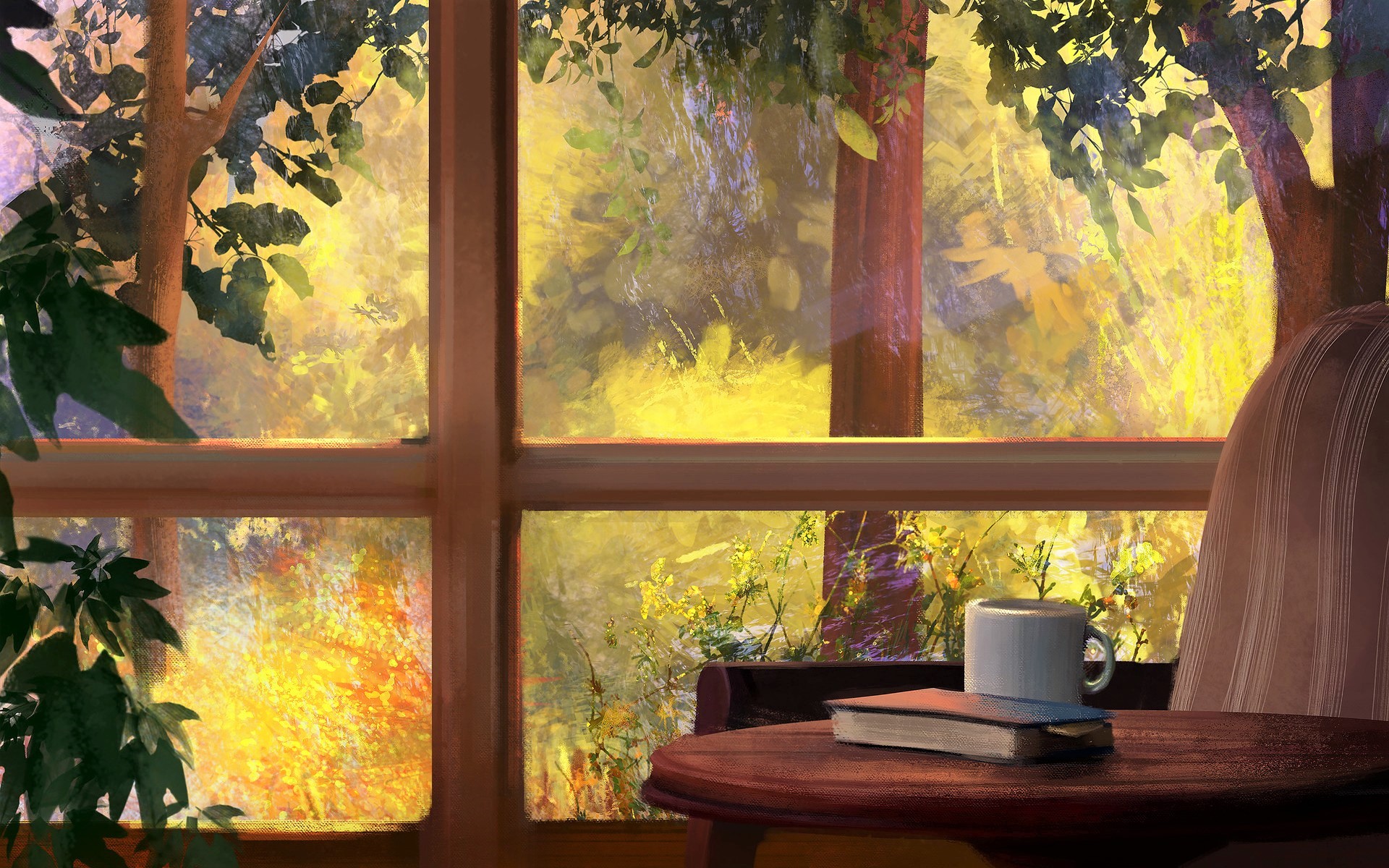 table, artistic, painting, book, window