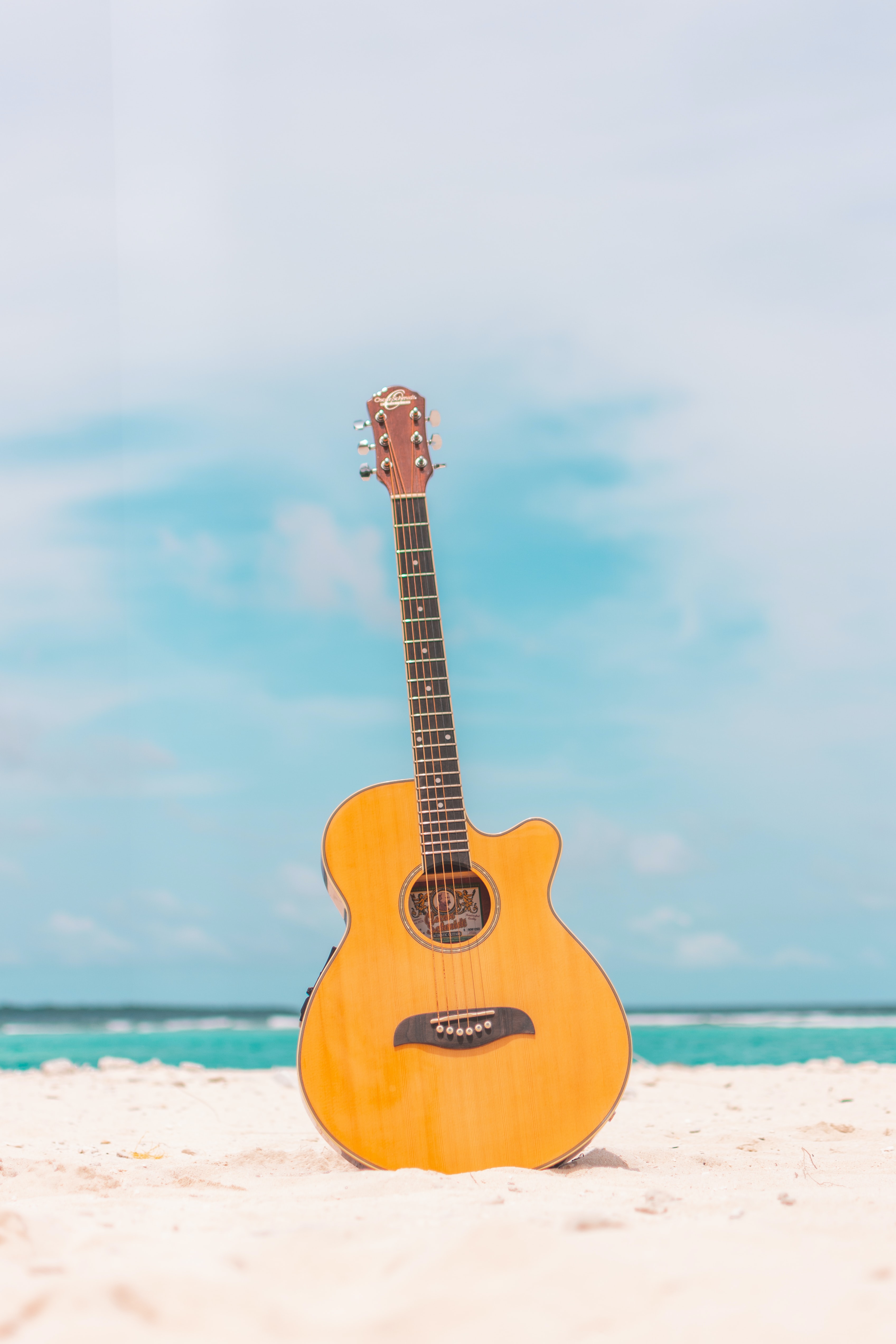 guitar, acoustic guitar, beach, music, summer, tool cellphone