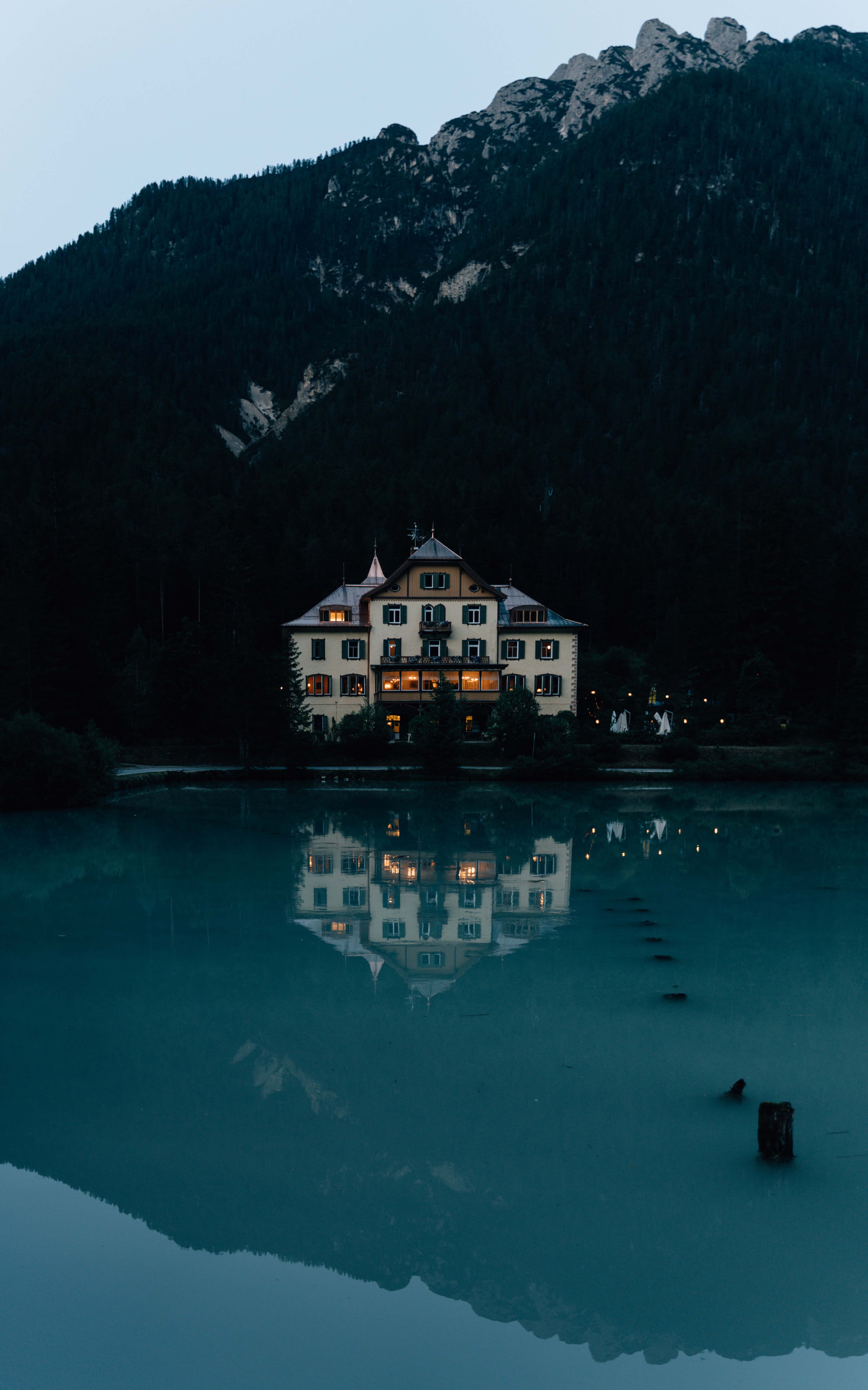 Download mobile wallpaper House, Forest, Lake, Nature, Mountains, Miscellaneous, Miscellanea for free.