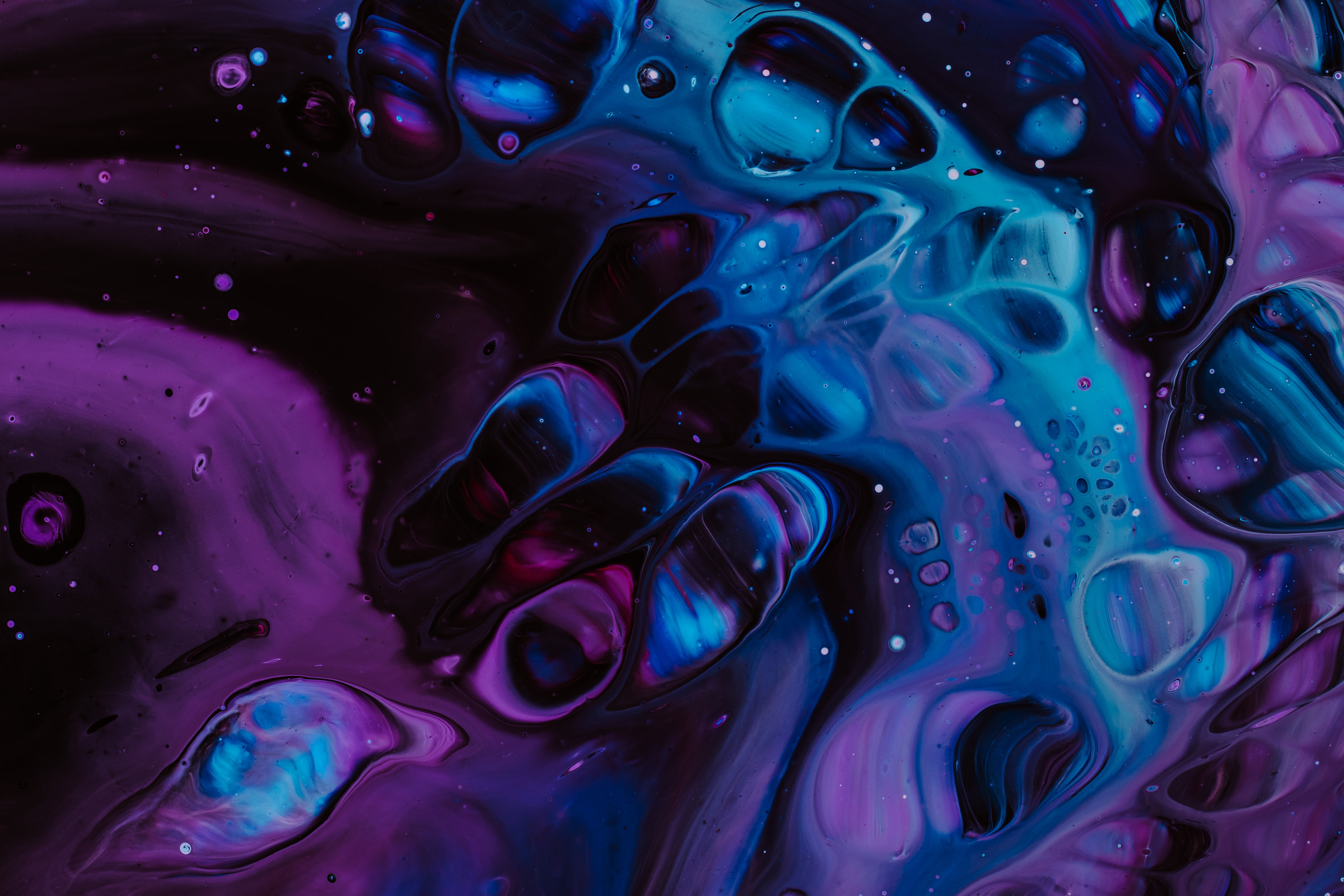 fluid art, abstract, violet, blue, divorces, paint, liquid, stains, spots, purple Panoramic Wallpaper