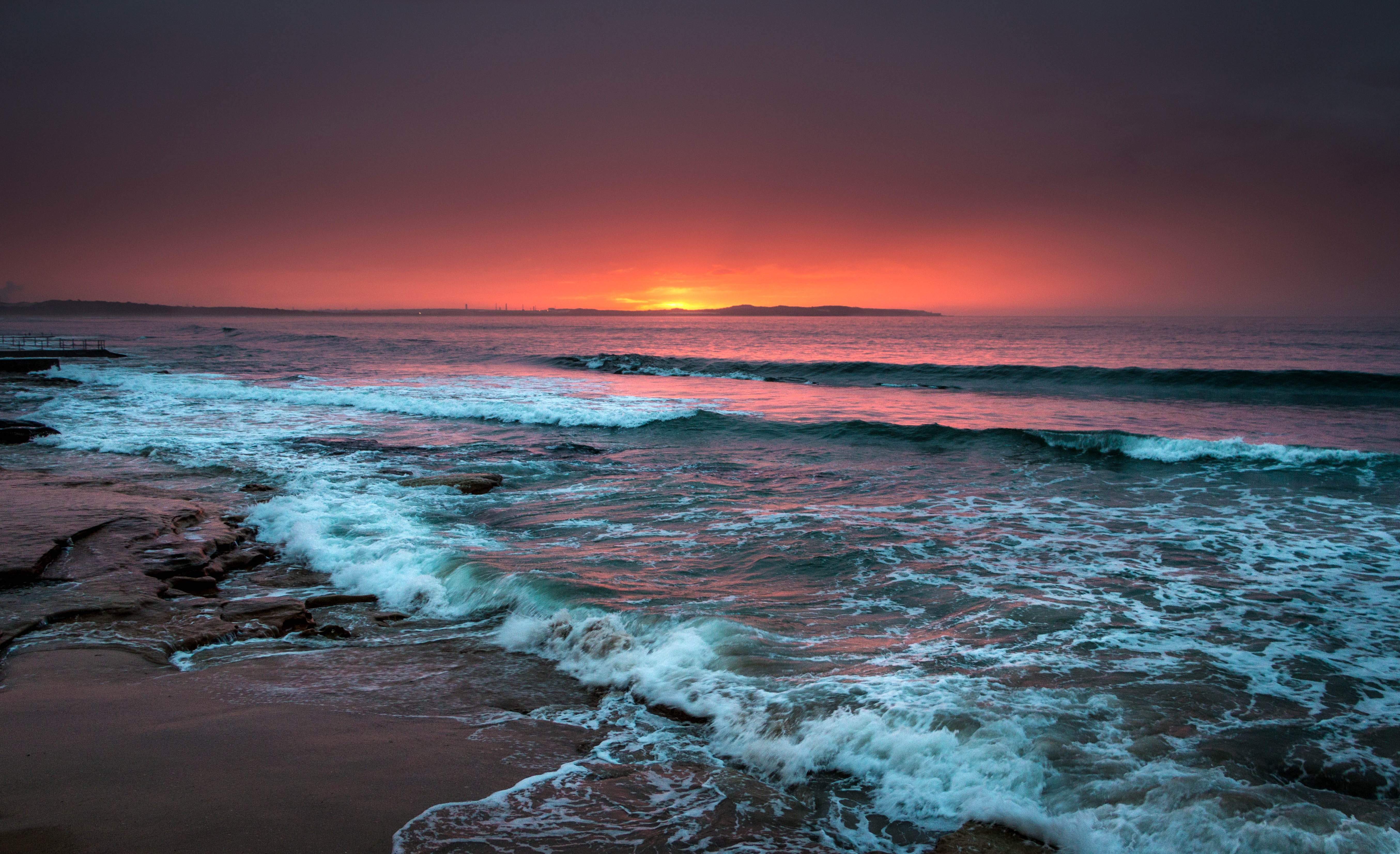 beach, horizon, surf, waves, sunset, sea, nature, foam Free Stock Photo