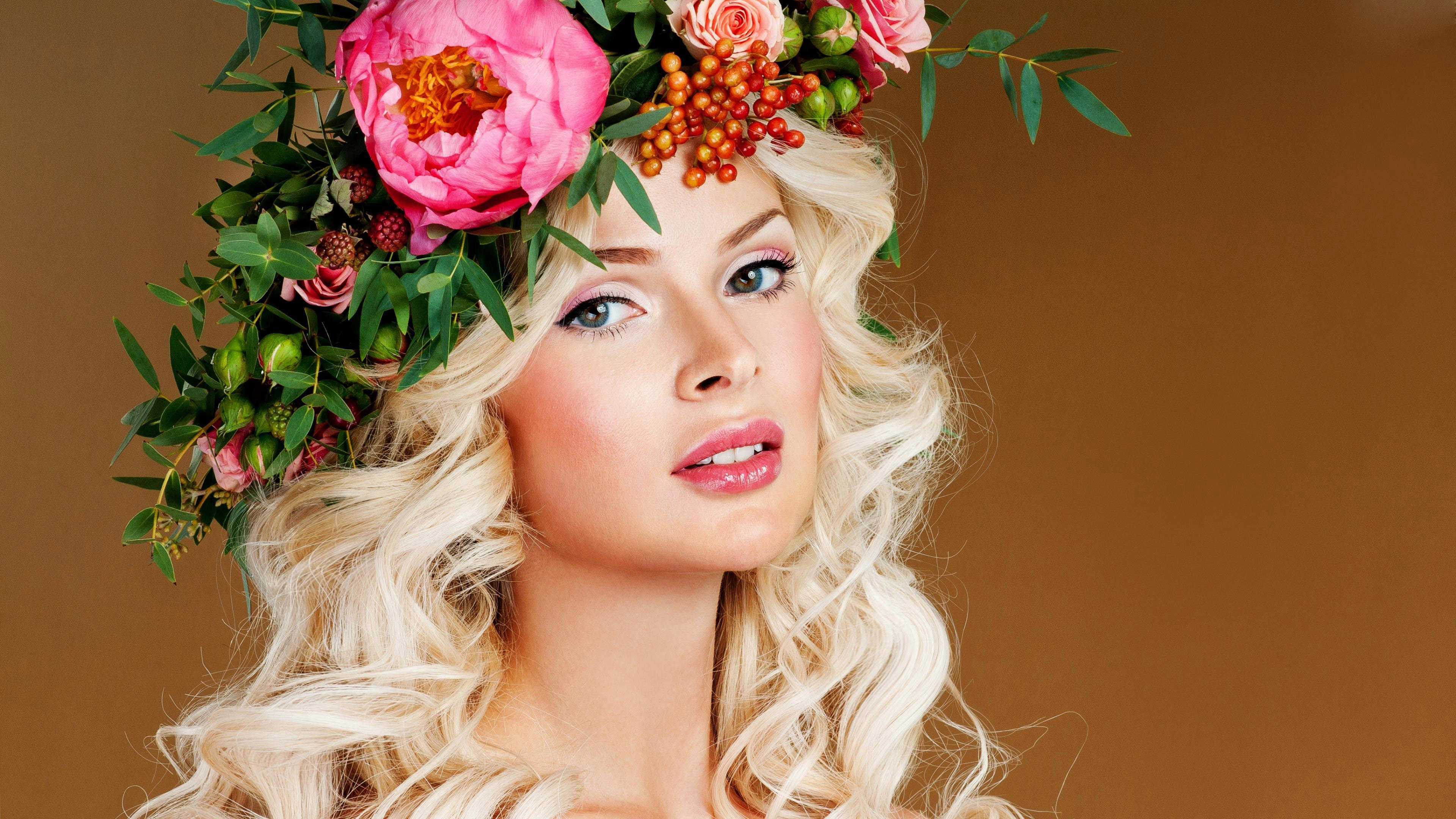 women, face, blonde, blue eyes, flower, model, wreath