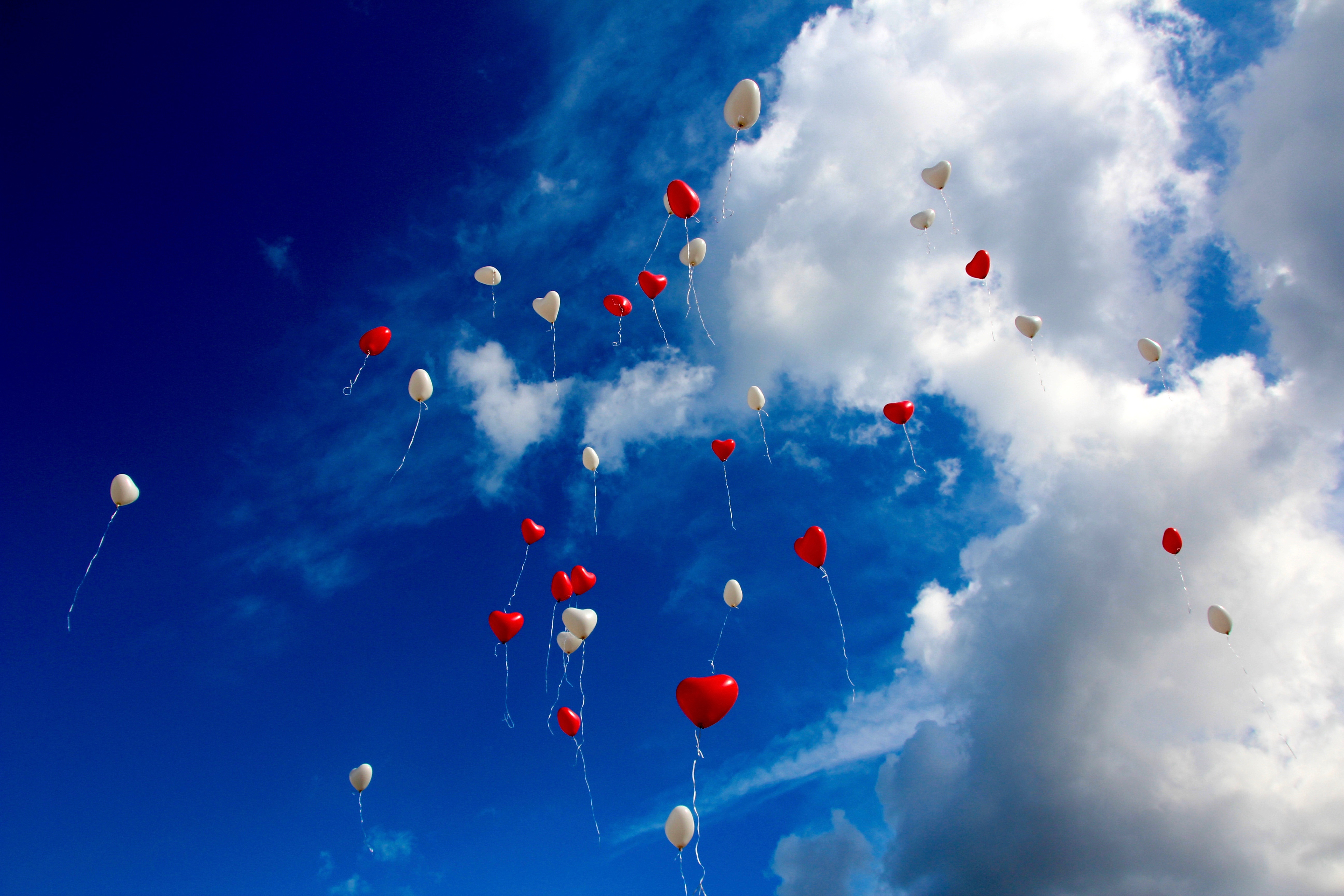 sky, hearts, love, balloons, clouds