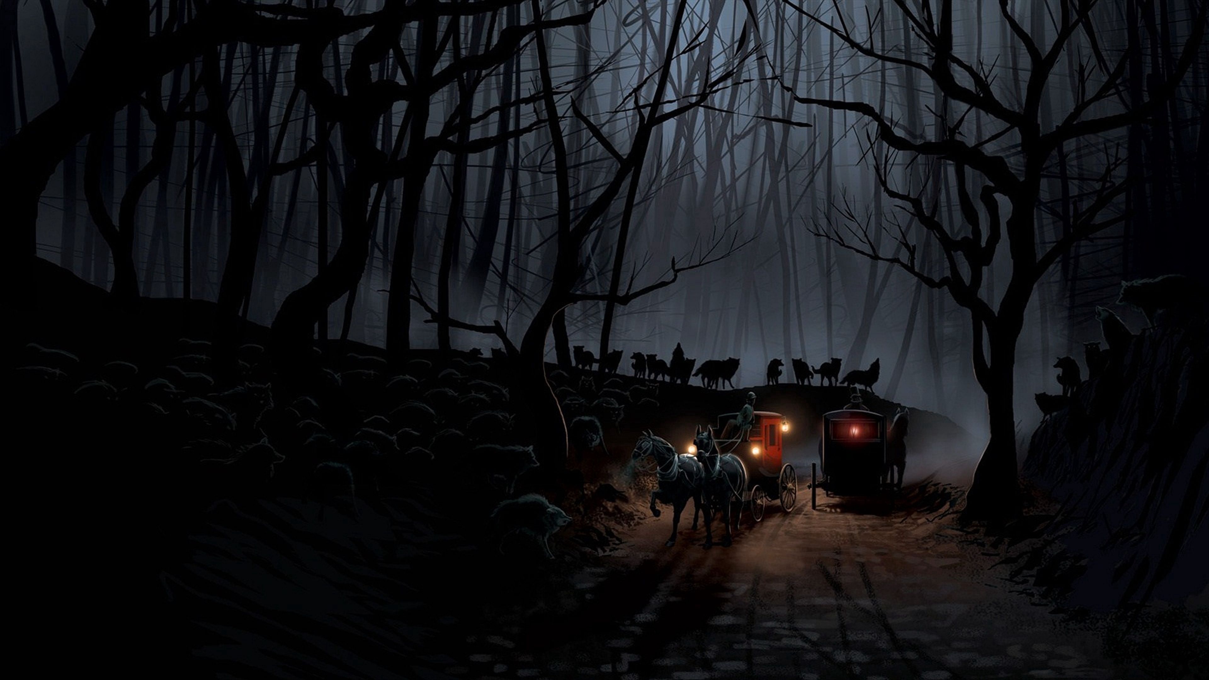 Download mobile wallpaper Coach, Flock, Forest, Night, Wolfs, Dark for free.