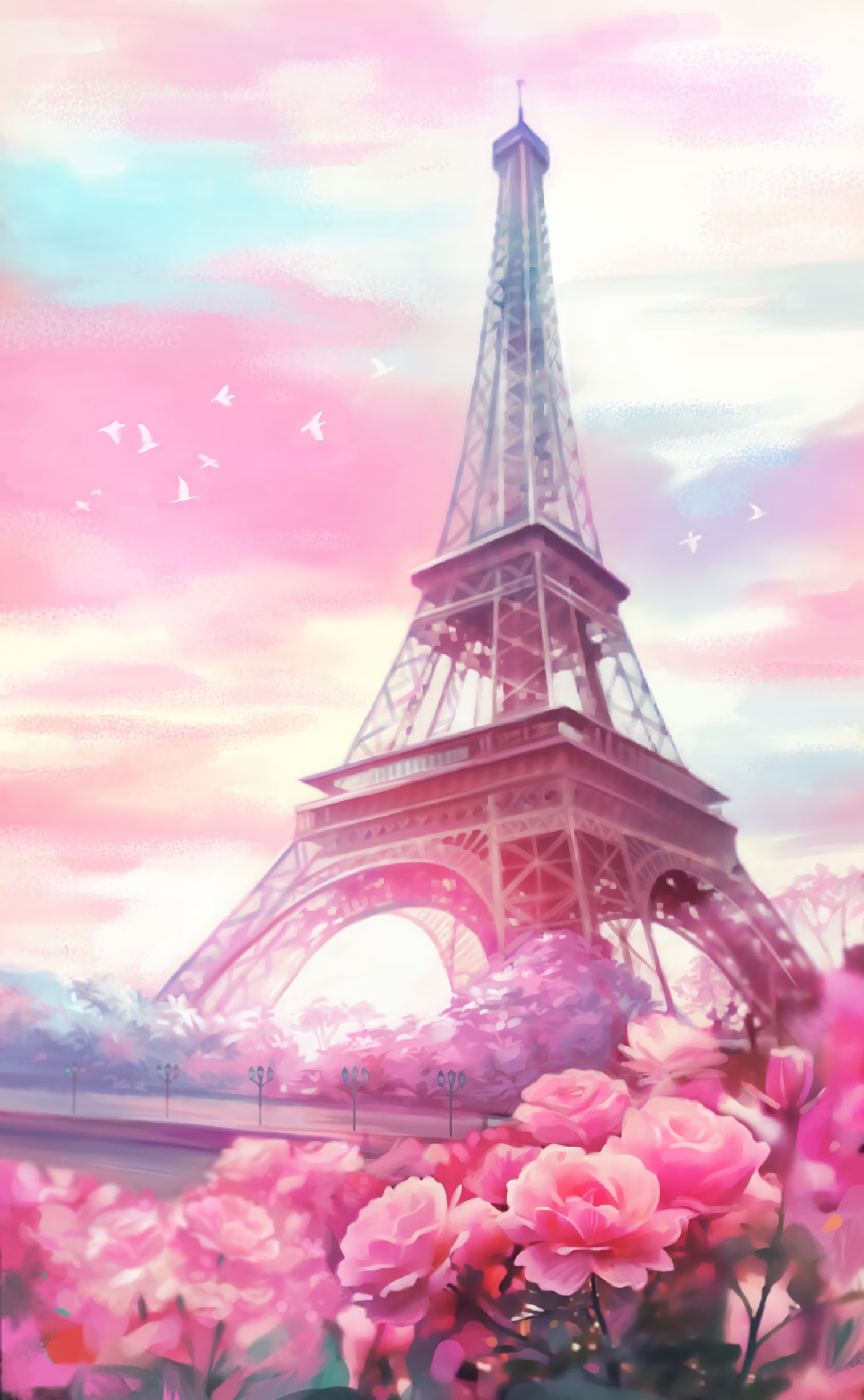 paris, tower, flowers, art 8K
