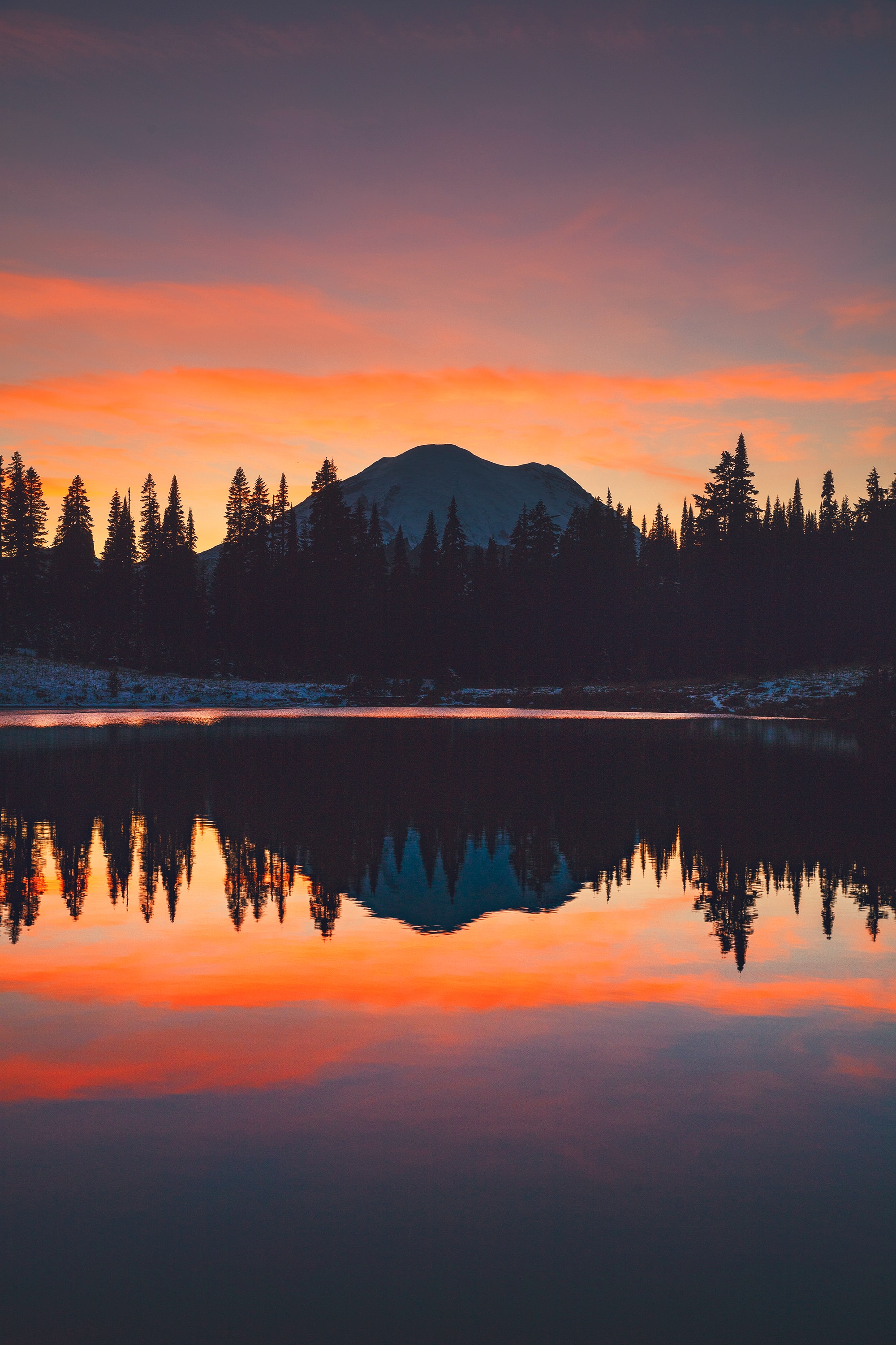 Download mobile wallpaper Reflection, Trees, Sky, Mountains, Sunset, Nature for free.