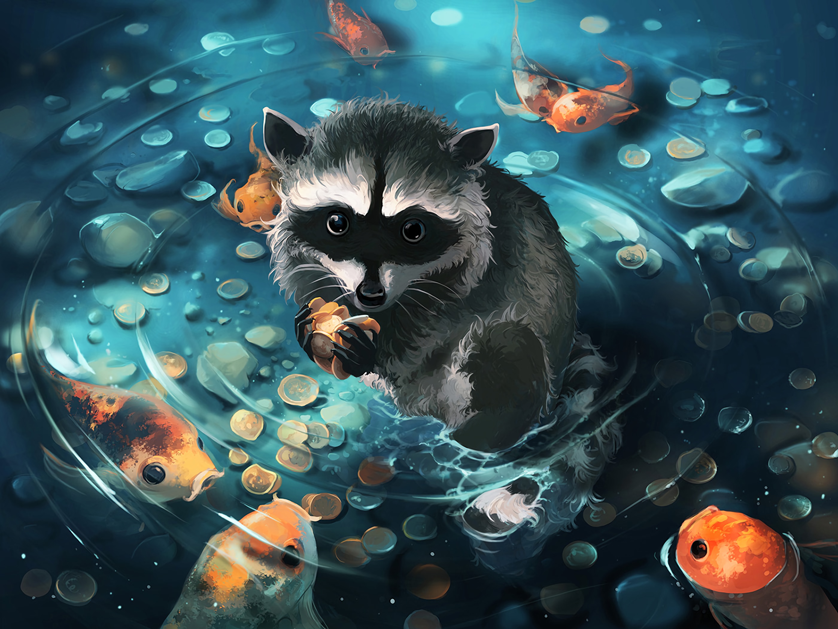 fish, raccoon, fantasy, animal, coin, fantasy animals mobile wallpaper