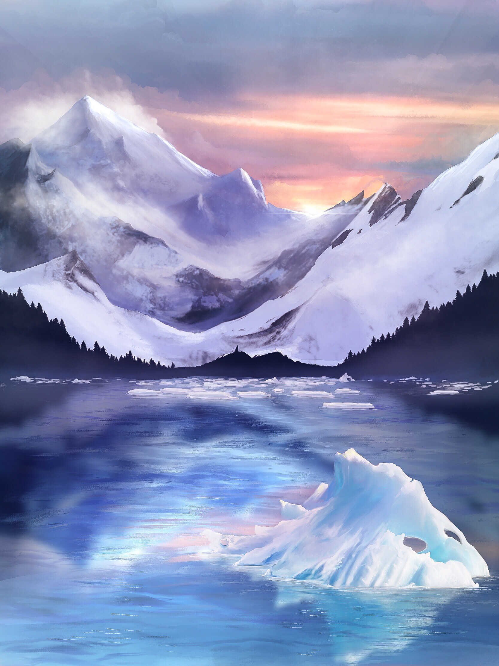 art, ice, mountains, fog, ice floes HD wallpaper