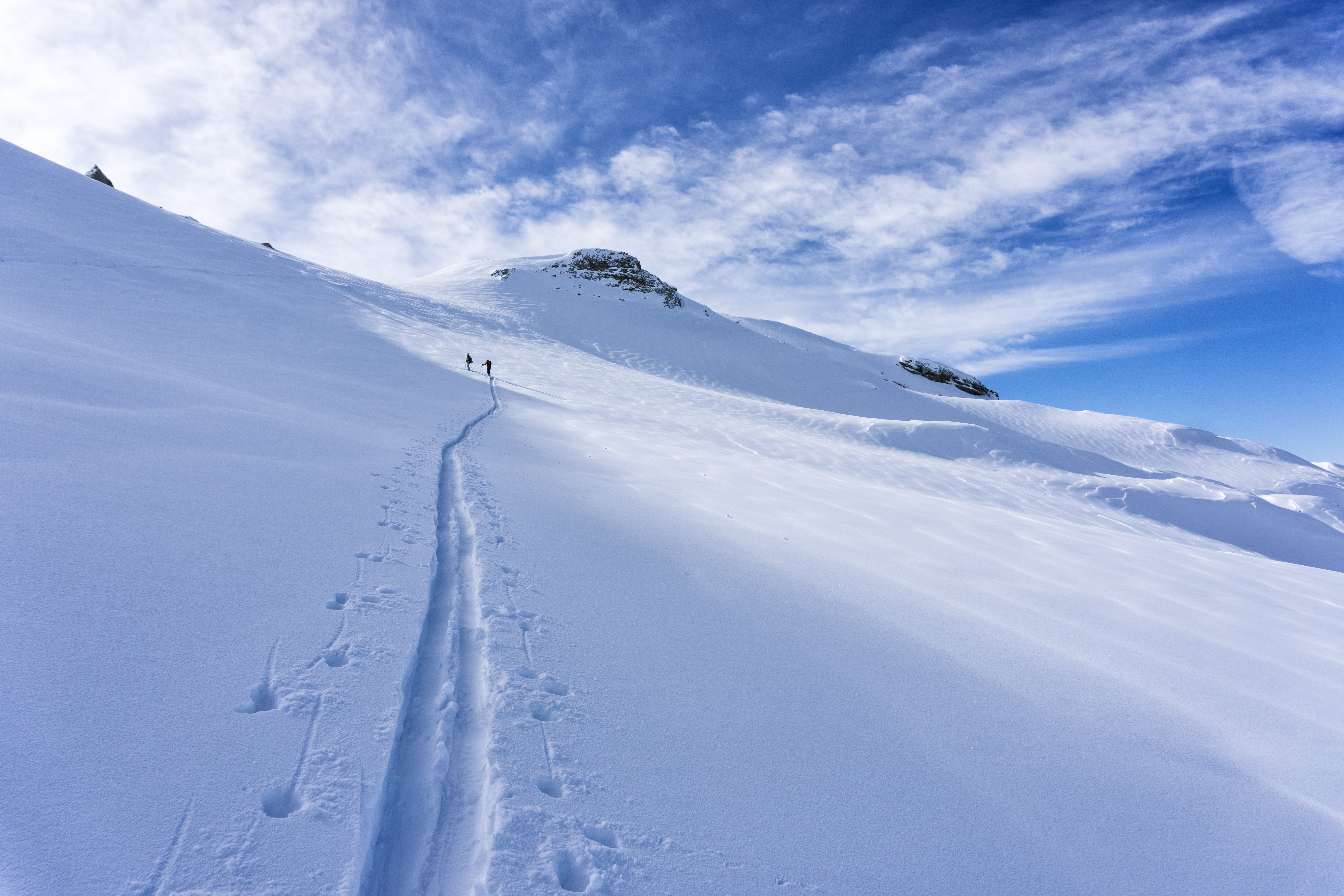Скачать обои бесплатно Лыжники, Гора, След, Склон, Природа, Снег, Силуэты картинка на рабочий стол ПК