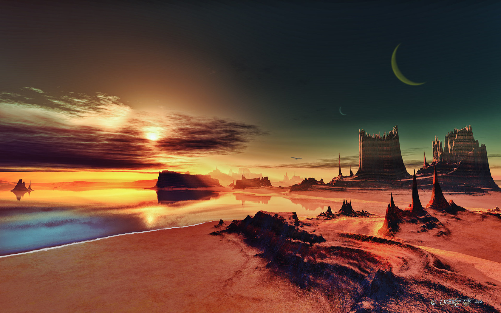Download mobile wallpaper Landscape, Sea, Mountains, Sunset, Fantasy for free.