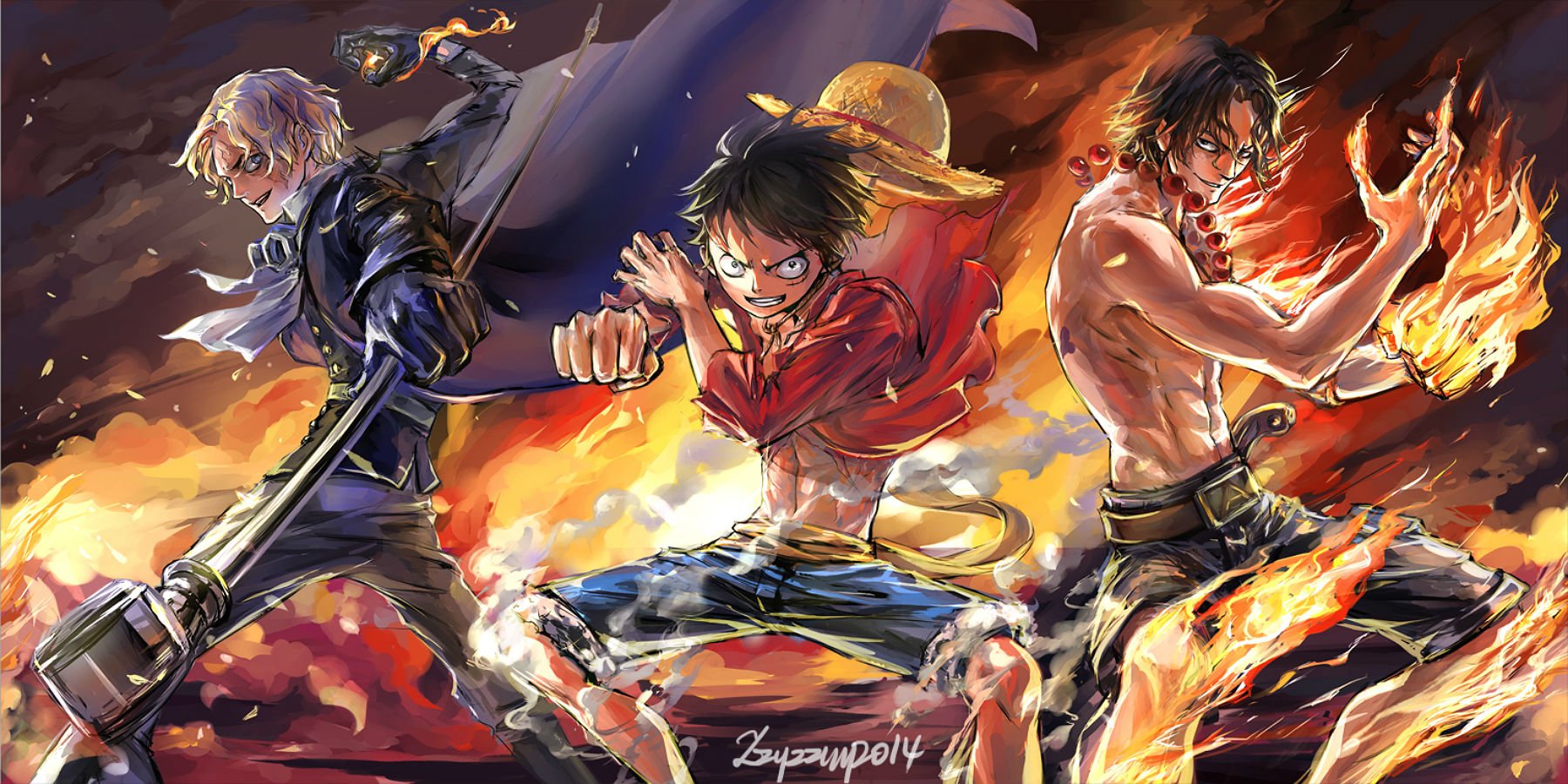 anime, one piece, monkey d luffy, flame, portgas d ace, sabo (one piece) wallpapers for tablet