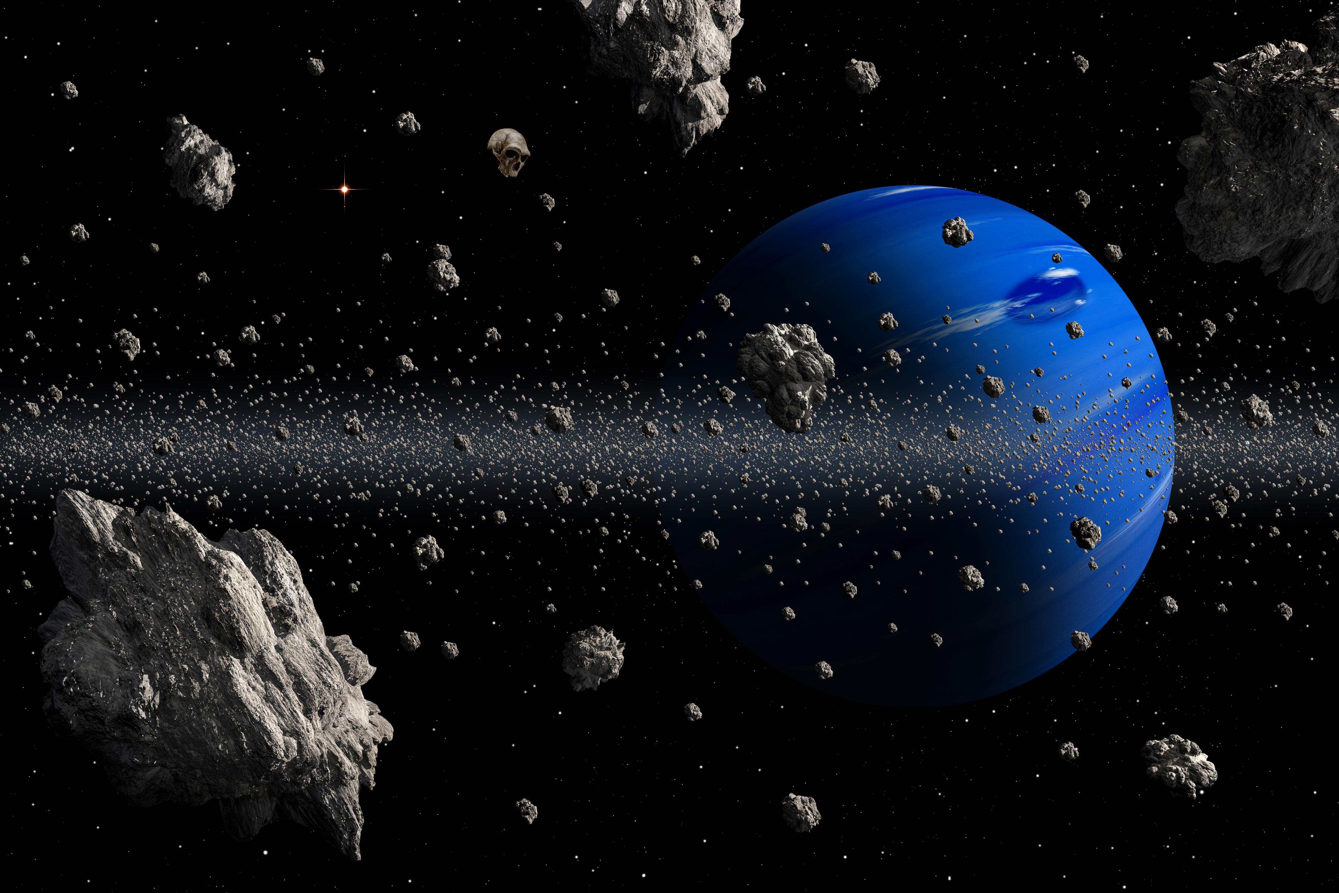 universe, asteroids, blue, planet, asteroid belt 2160p