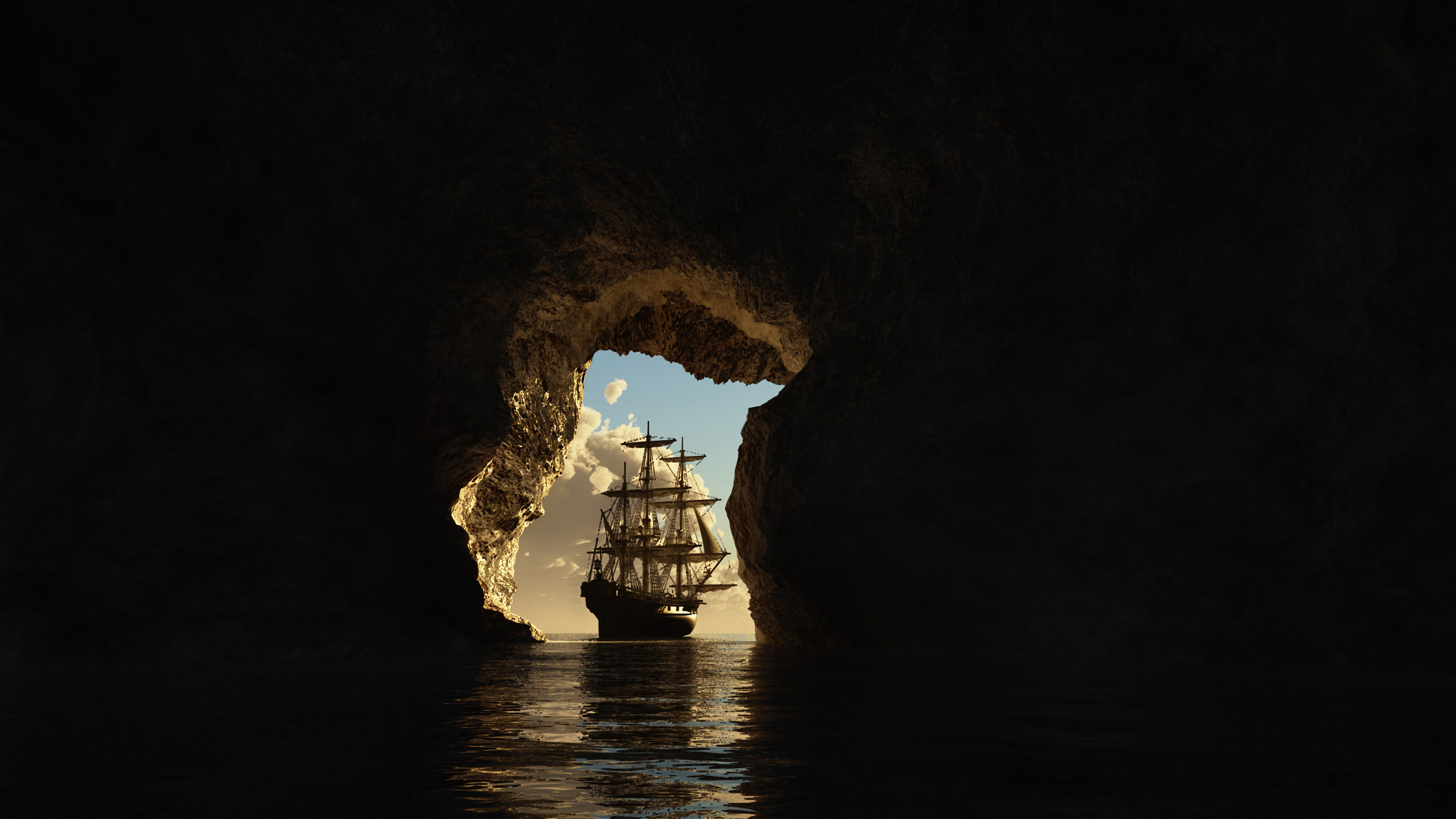 ship, art, sea, dark, cave