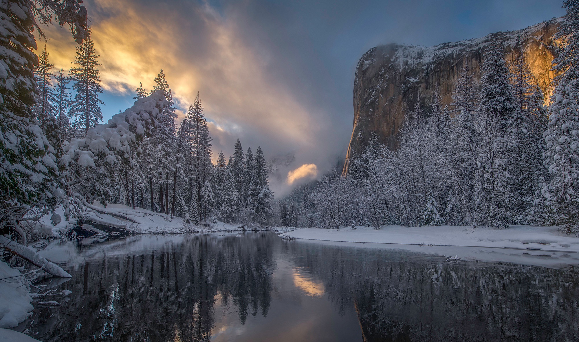 winter, earth, yosemite national park, california, forest, merced river, mountain, reflection, river, sierra nevada, snow, national park High Definition image