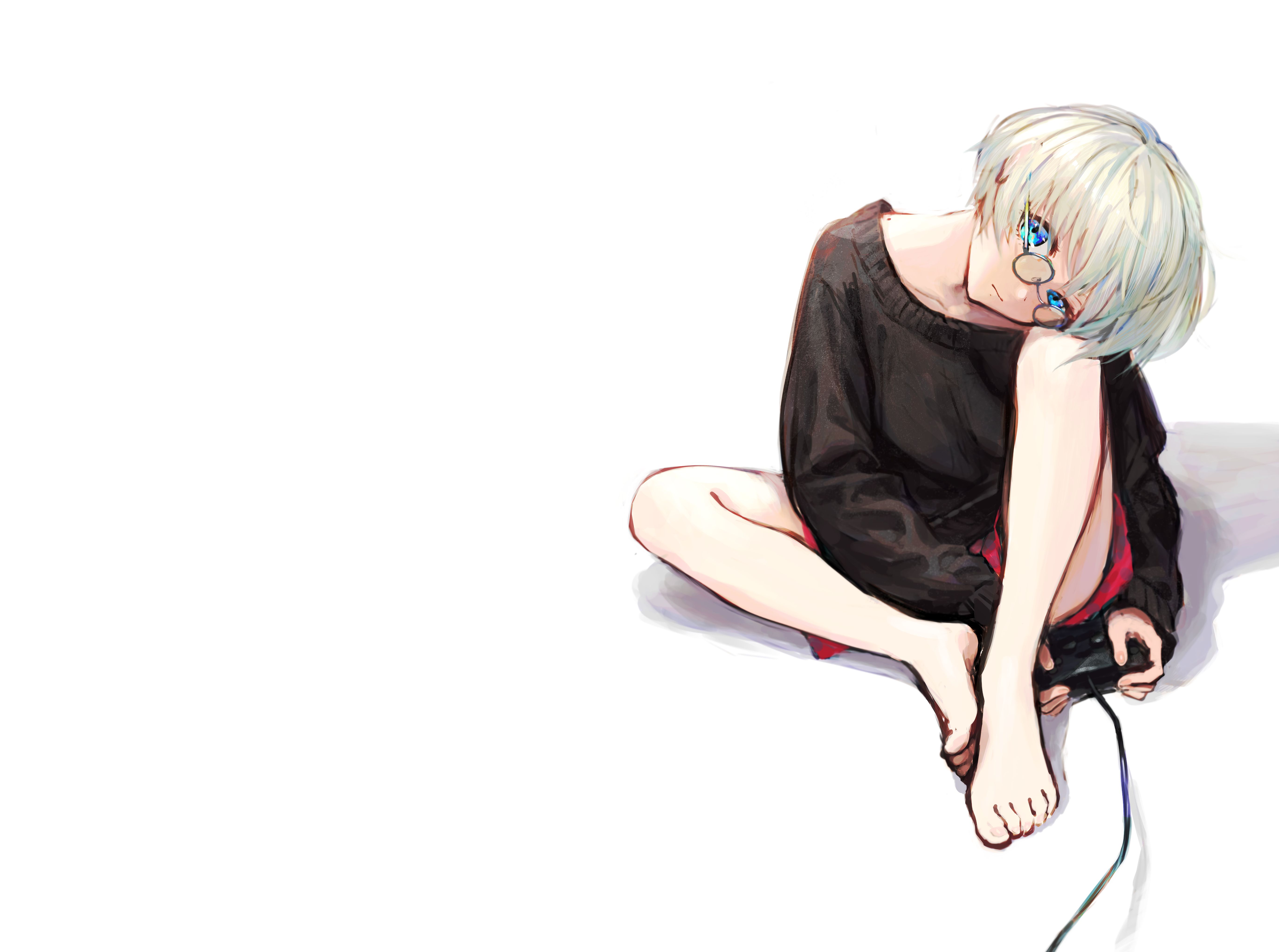 anime, original, blue eyes, controller, feet, glasses, short hair, white hair