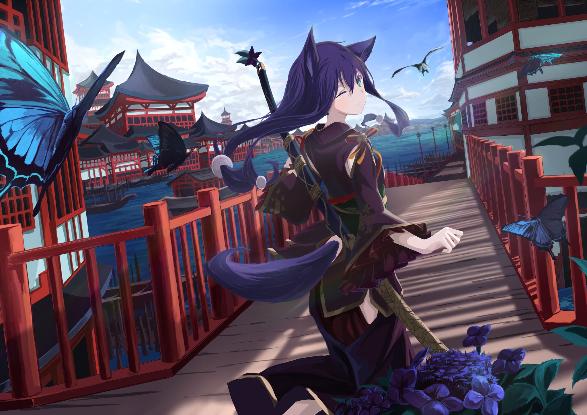 Download mobile wallpaper Anime, Weapon, Building, Bird, Butterfly, Tail, Sword, Blue Eyes, Wink, Original, Long Hair, Cat Girl, Purple Hair, Animal Ears, Japanese Clothes for free.
