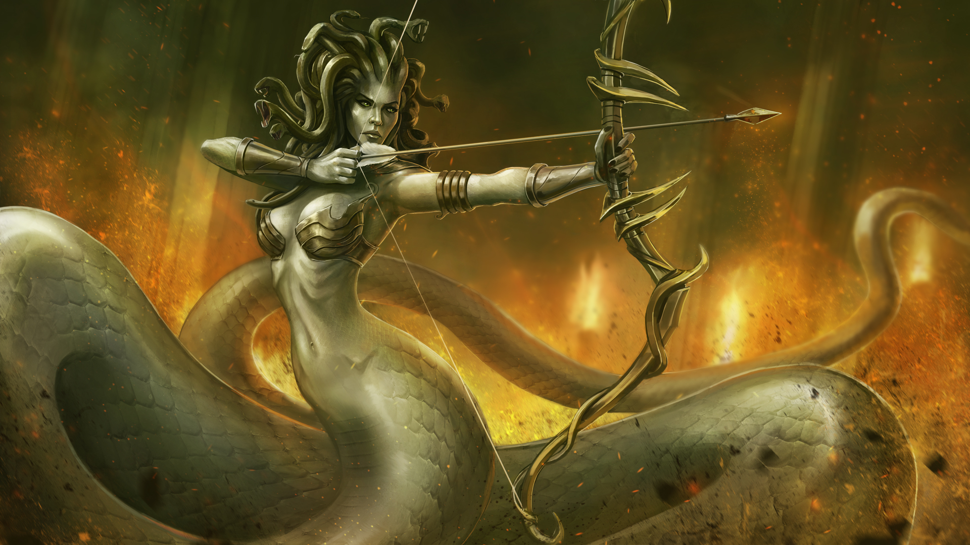 medusa, fantasy, arrow, bow, creature, snake HD wallpaper