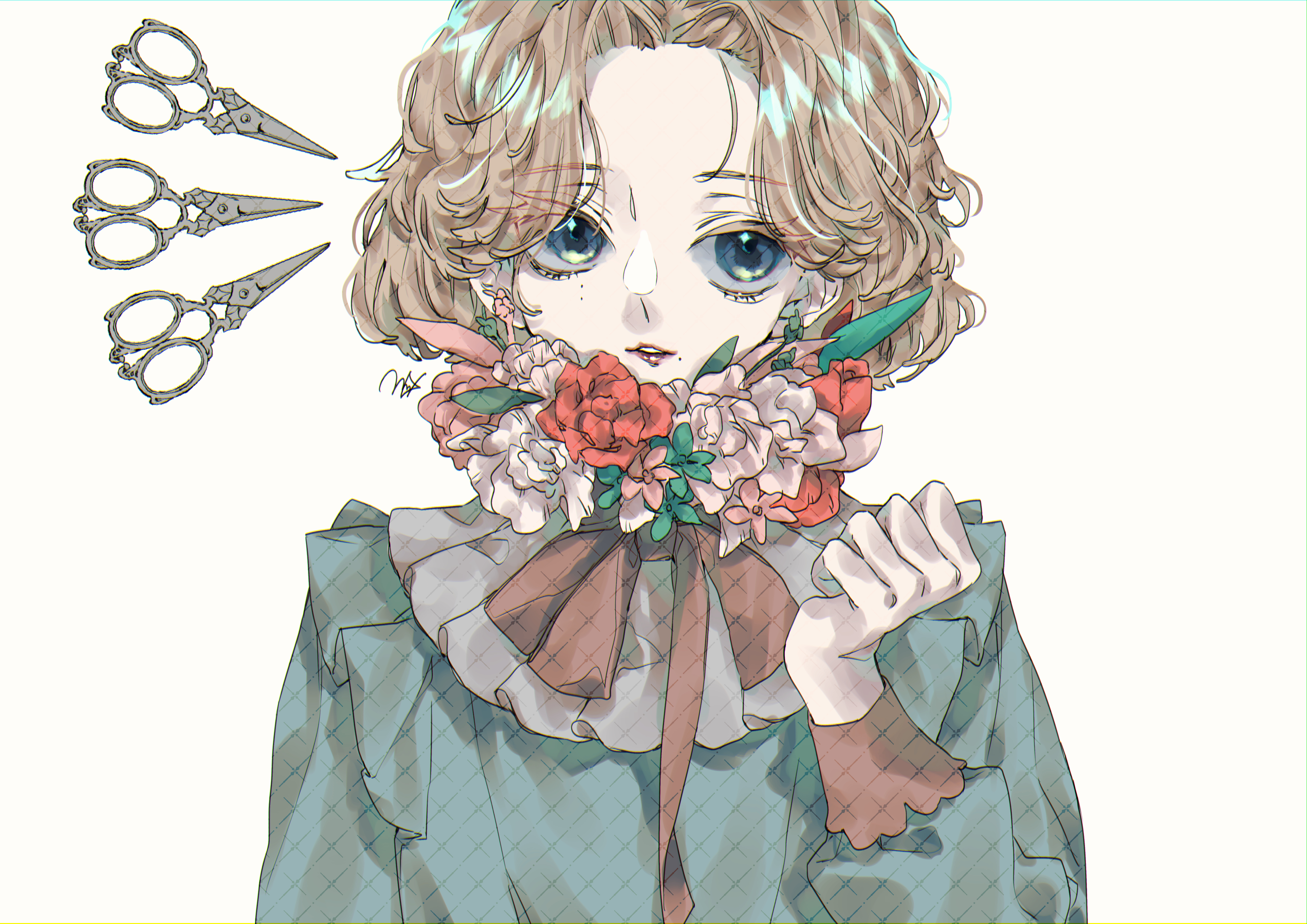 anime, original, blue eyes, flower, scissors phone background