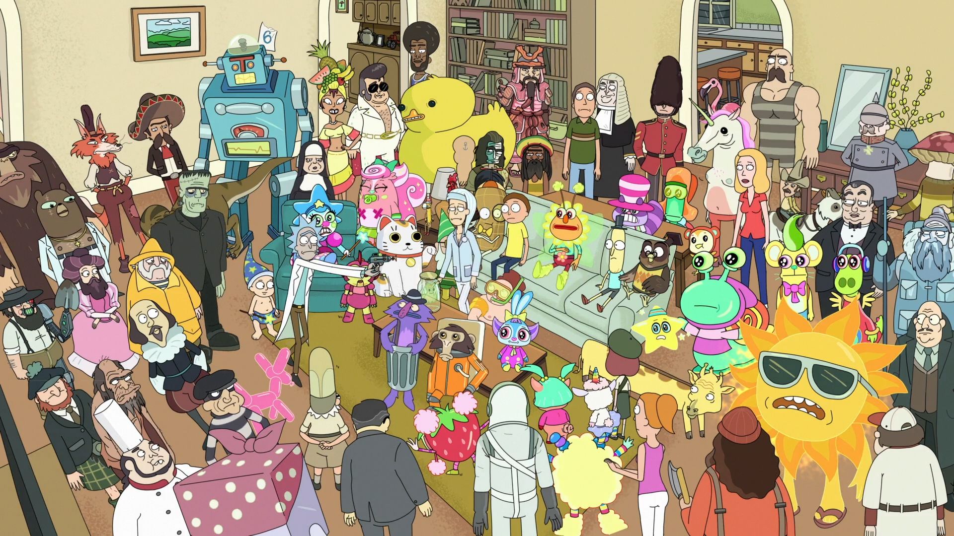 rick and morty, rick sanchez, tv show, amish cyborg (rick and morty), baby wizard (rick and morty), beth smith, cleopatra, frankenstein's monster (rick and morty), ghost in a jar (rick and morty), hamurai (rick and morty), jerry smith, morty smith, mr beauregard (rick and morty), mr poopybutthole (rick and morty), mrs refrigerator (rick and morty), pencilvester (rick and morty), photography raptor (rick and morty), reverse giraffe (rick and morty), sleepy gary (rick and morty), summer smith, tinkles (rick and morty), william shakespeare for android