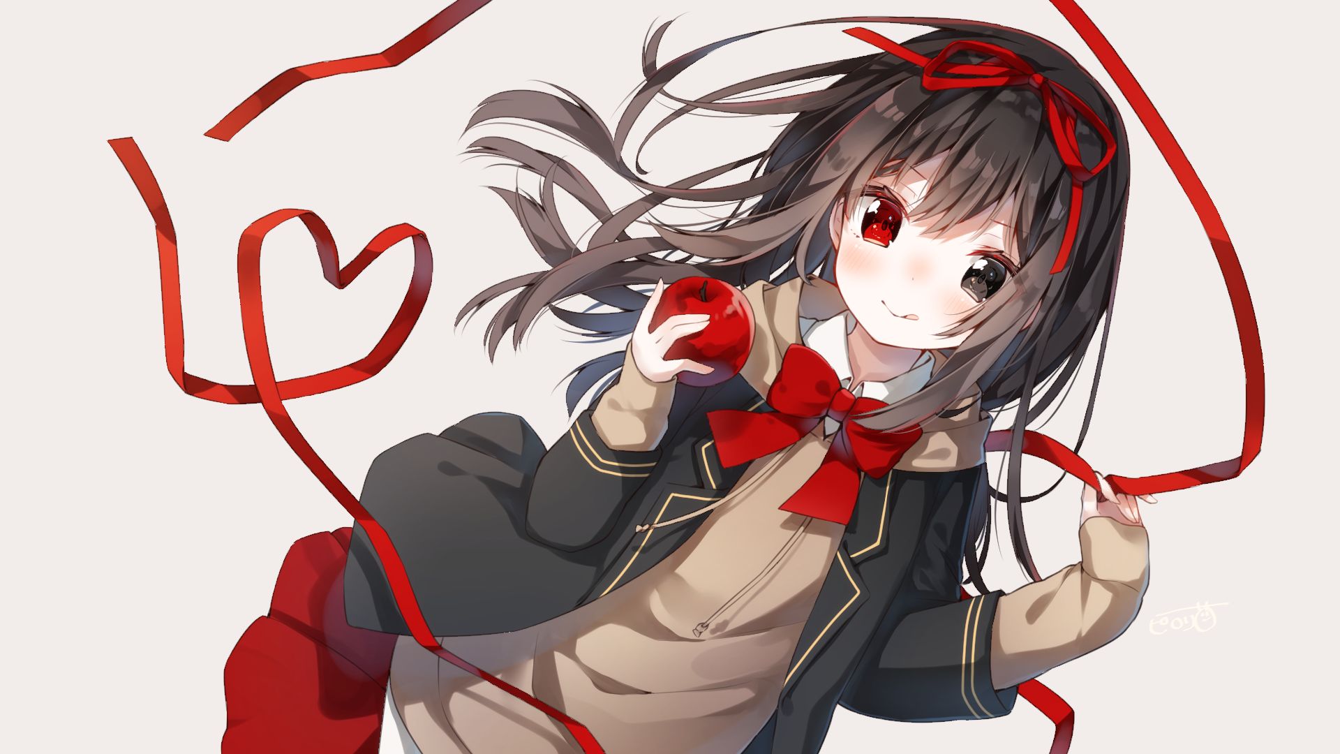 HD wallpaper: anime girl, eating apple, black hair, red eyes, earring, one  person | Wallpaper Flare