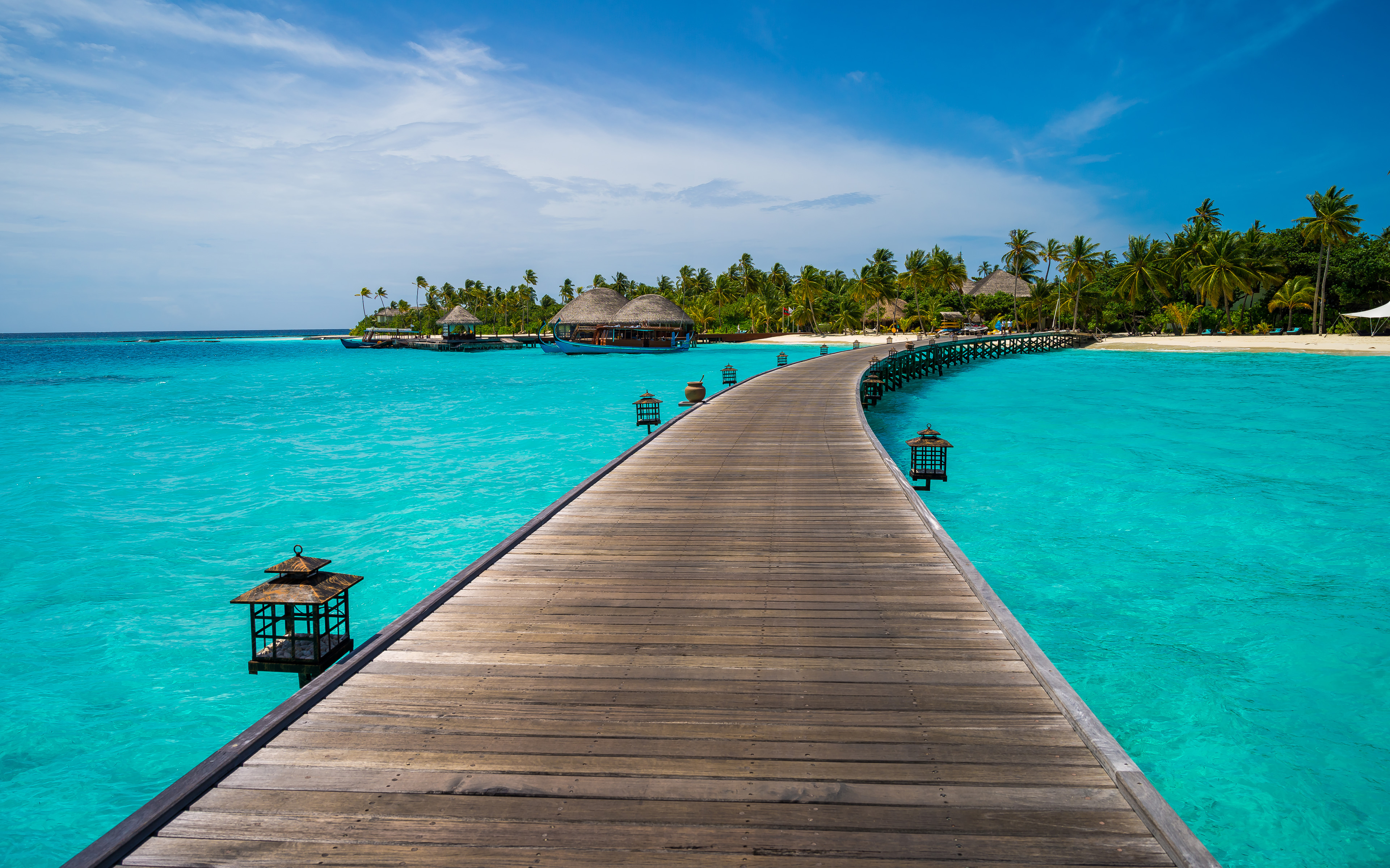 maldives, wooden, turquoise, man made, pier, island, ocean, palm tree, sea, tropical 4K