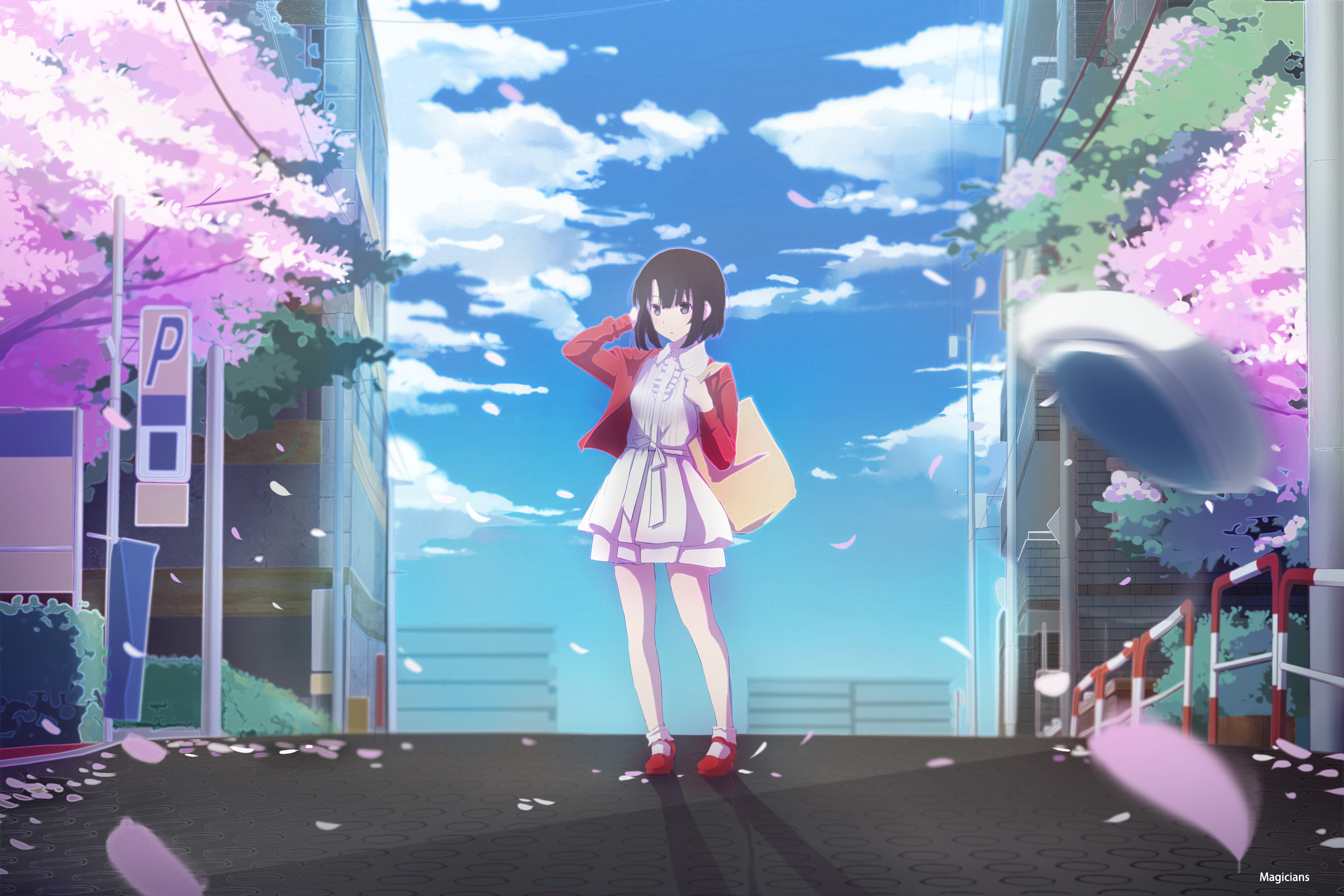 megumi katō, anime, saekano: how to raise a boring girlfriend, bag, brown hair, dress, sakura blossom, short hair