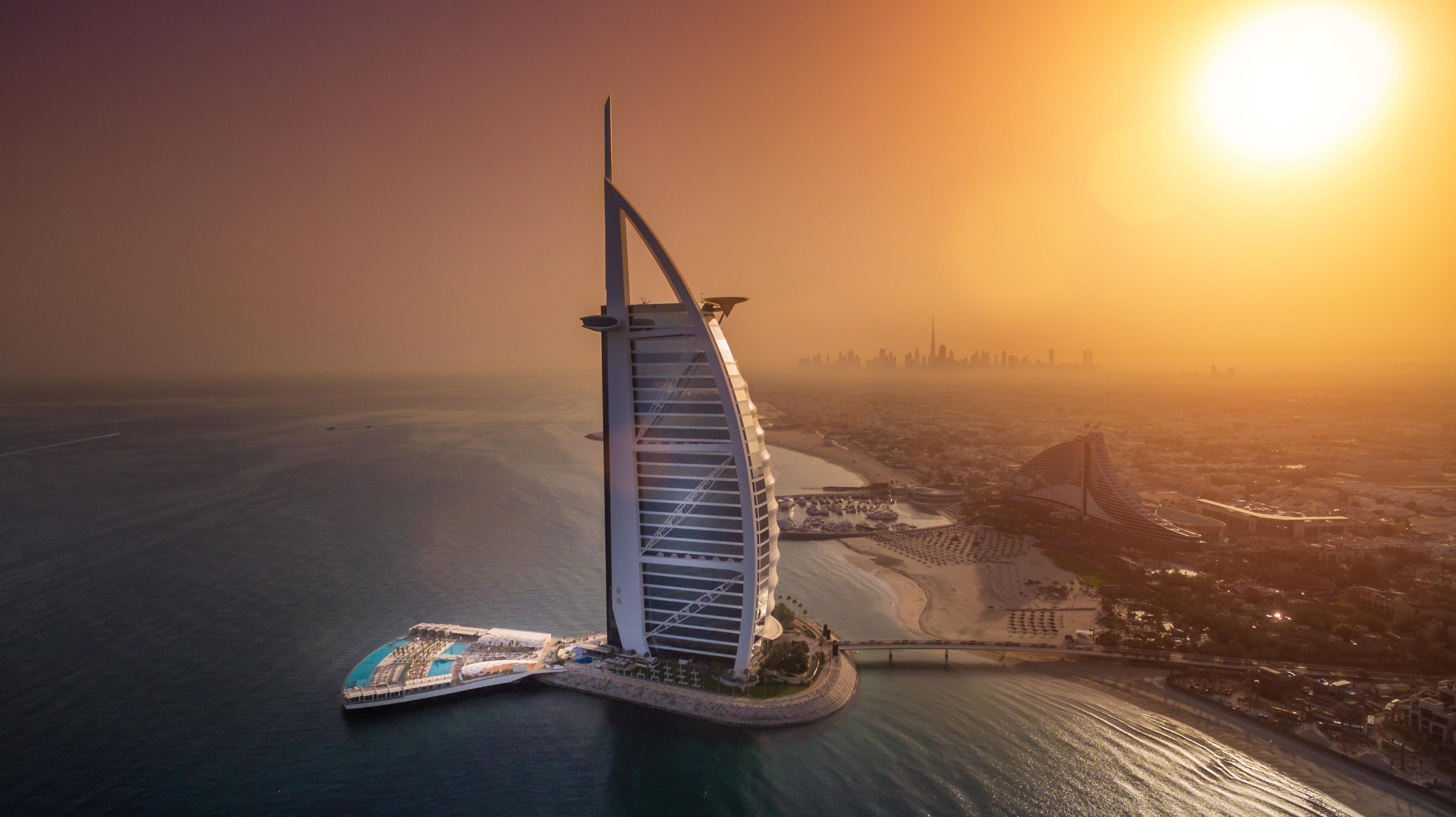 sunset, dubai, building, man made, burj al arab, horizon, united arab emirates HD wallpaper