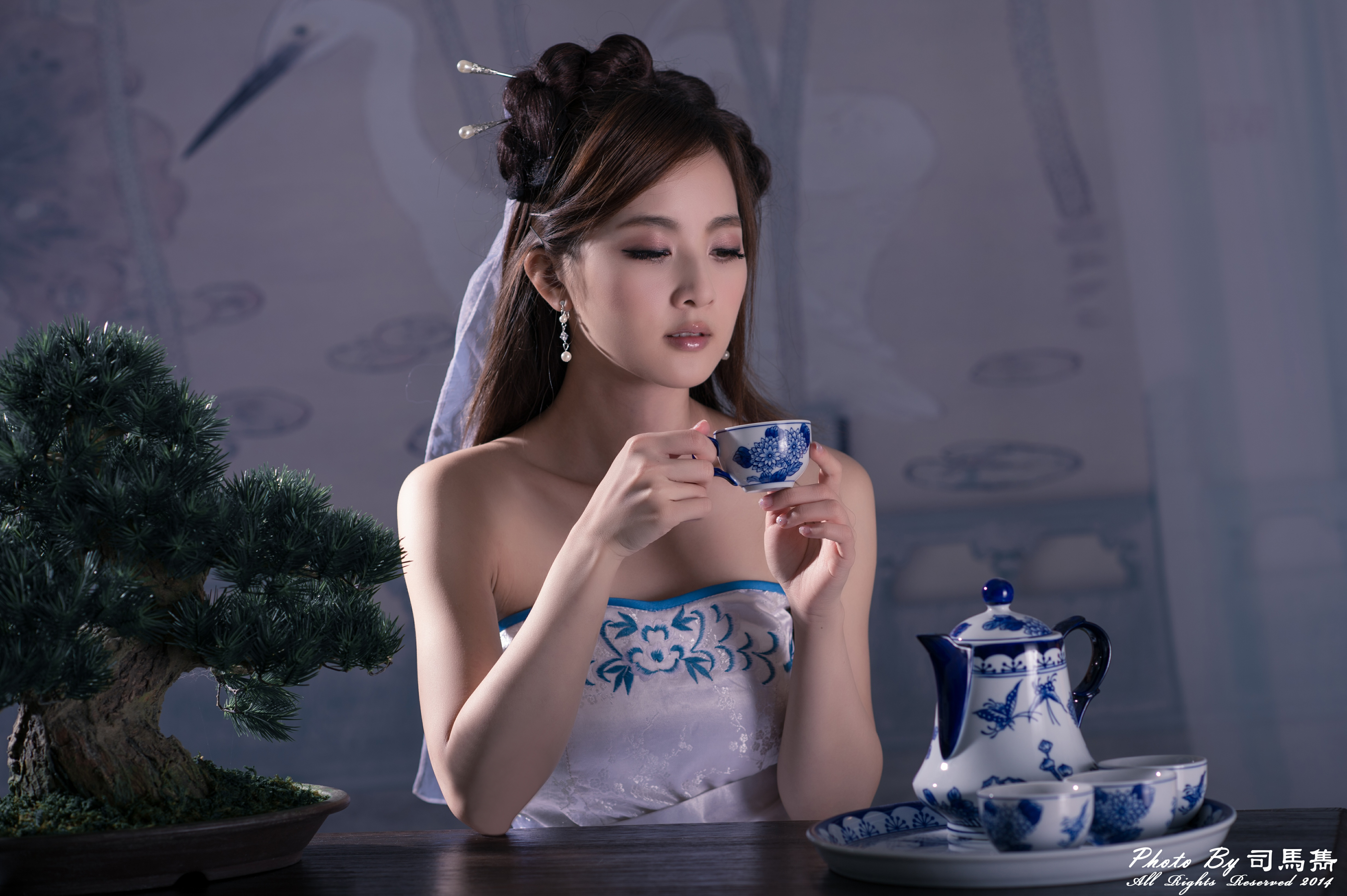 women, mikako zhang kaijie, asian, bonsai, cup, dress, hairpin, hair dress, tea set