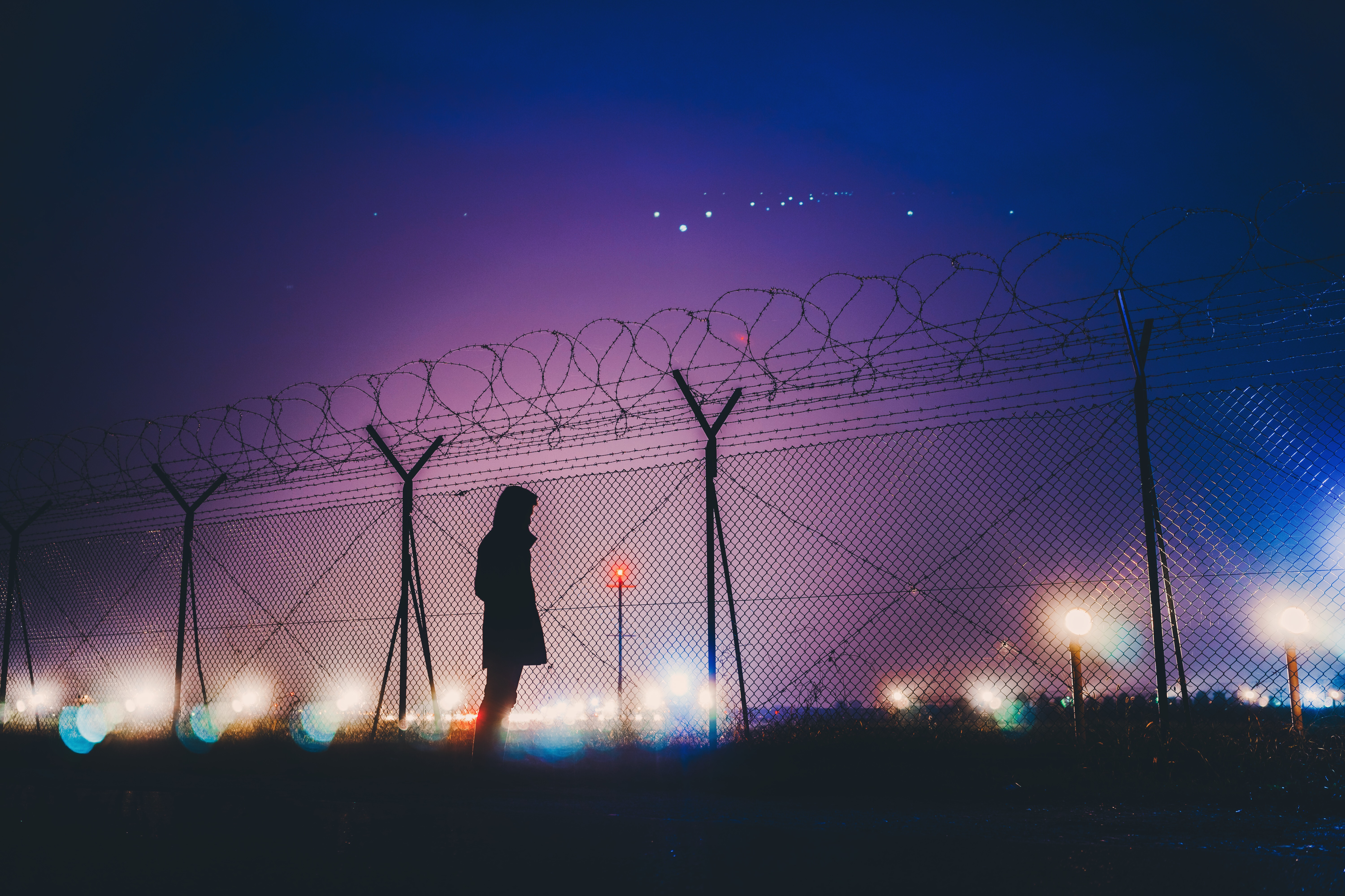 dark, night, silhouette, human, person, barbed wire UHD