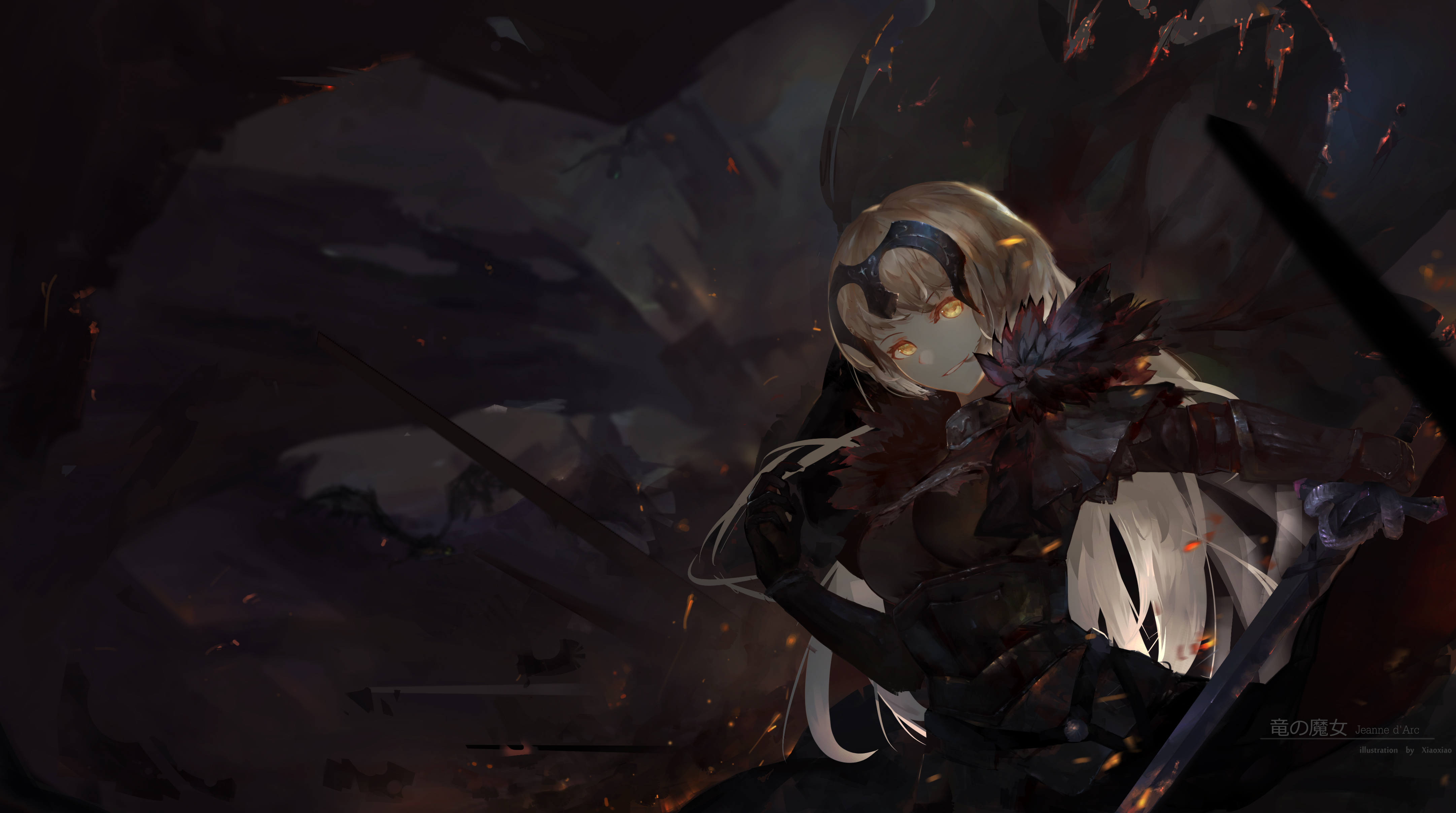 anime, fate/grand order, avenger (fate/grand order), blonde, jeanne d'arc alter, long hair, sword, woman warrior, yellow eyes, fate series