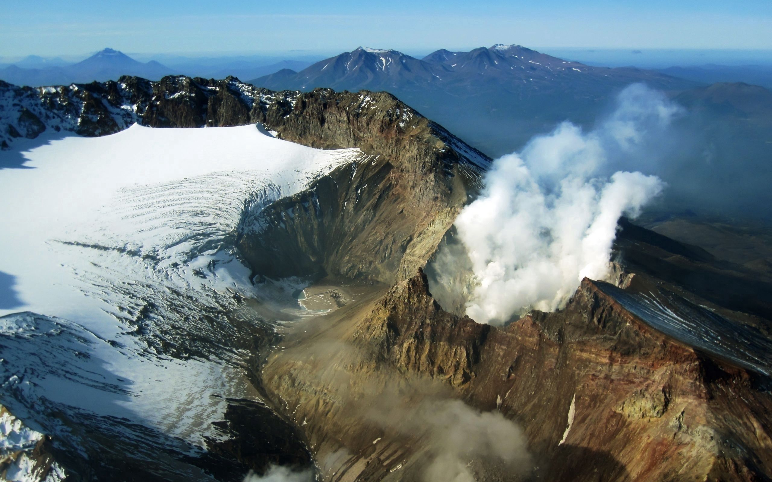 nature, mountains, smoke, snow, russia, volcano, kamchatka