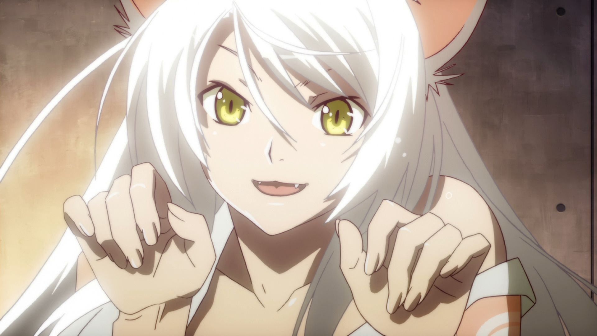 anime, monogatari (series), animal ears, black hanekawa, nekomonogatari: kuro, smile, tsubasa hanekawa, white hair, yellow eyes
