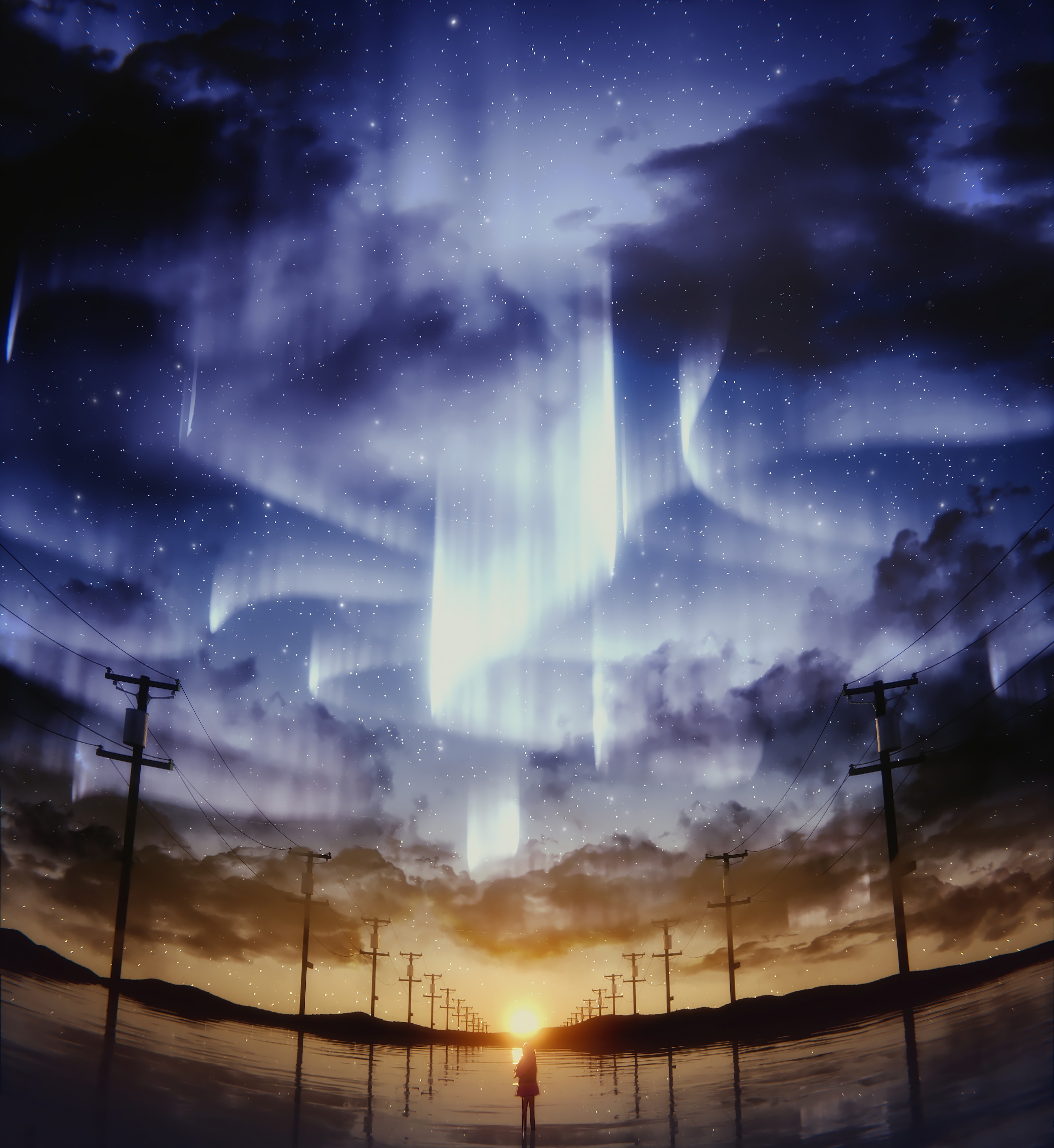 58061 Hintergrundbild herunterladen anime, silhouette, sky, kunst, horizont, sternenhimmel, säulen, beiträge - Bildschirmschoner und Bilder kostenlos