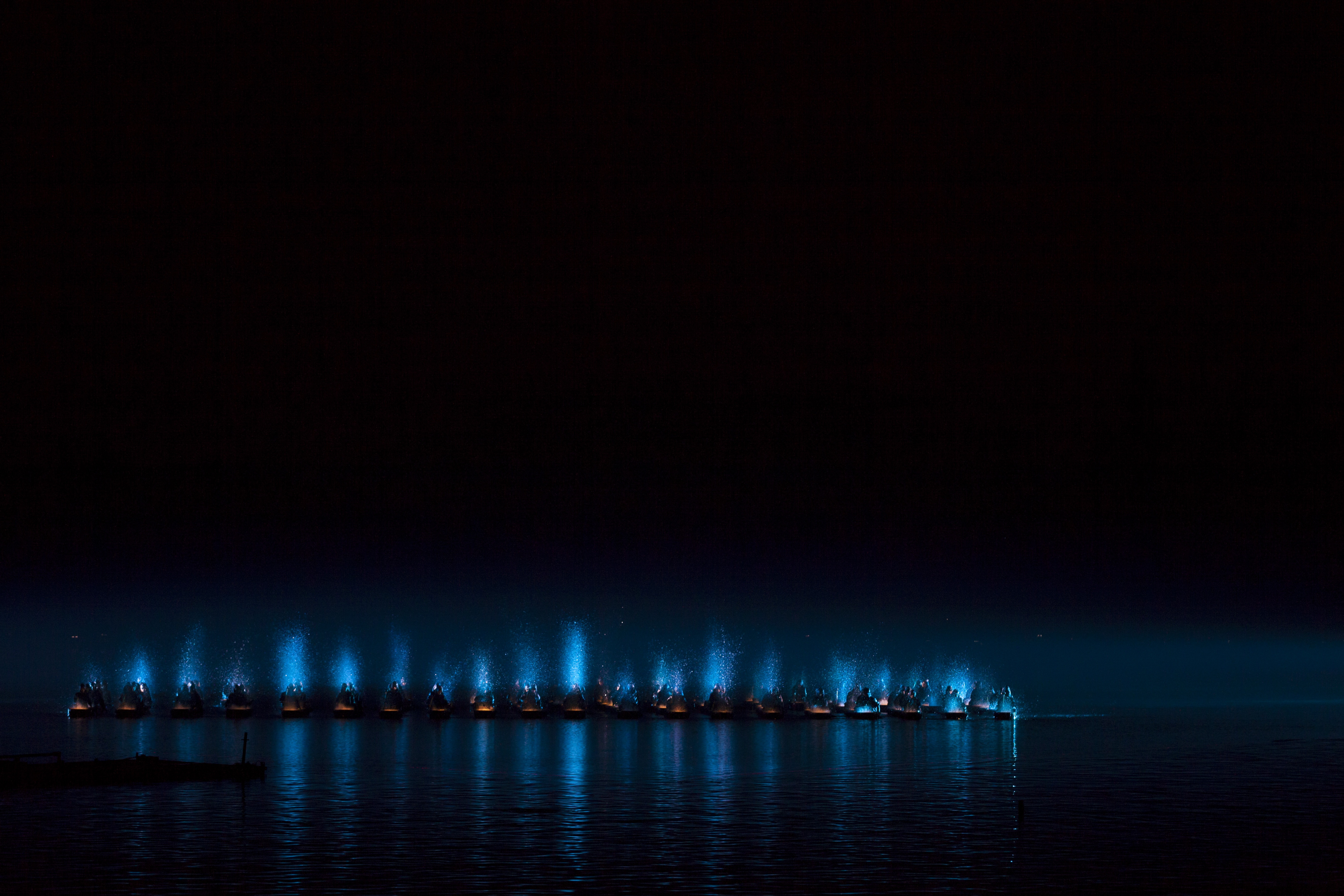people, sea, night, boats, dark Panoramic Wallpaper