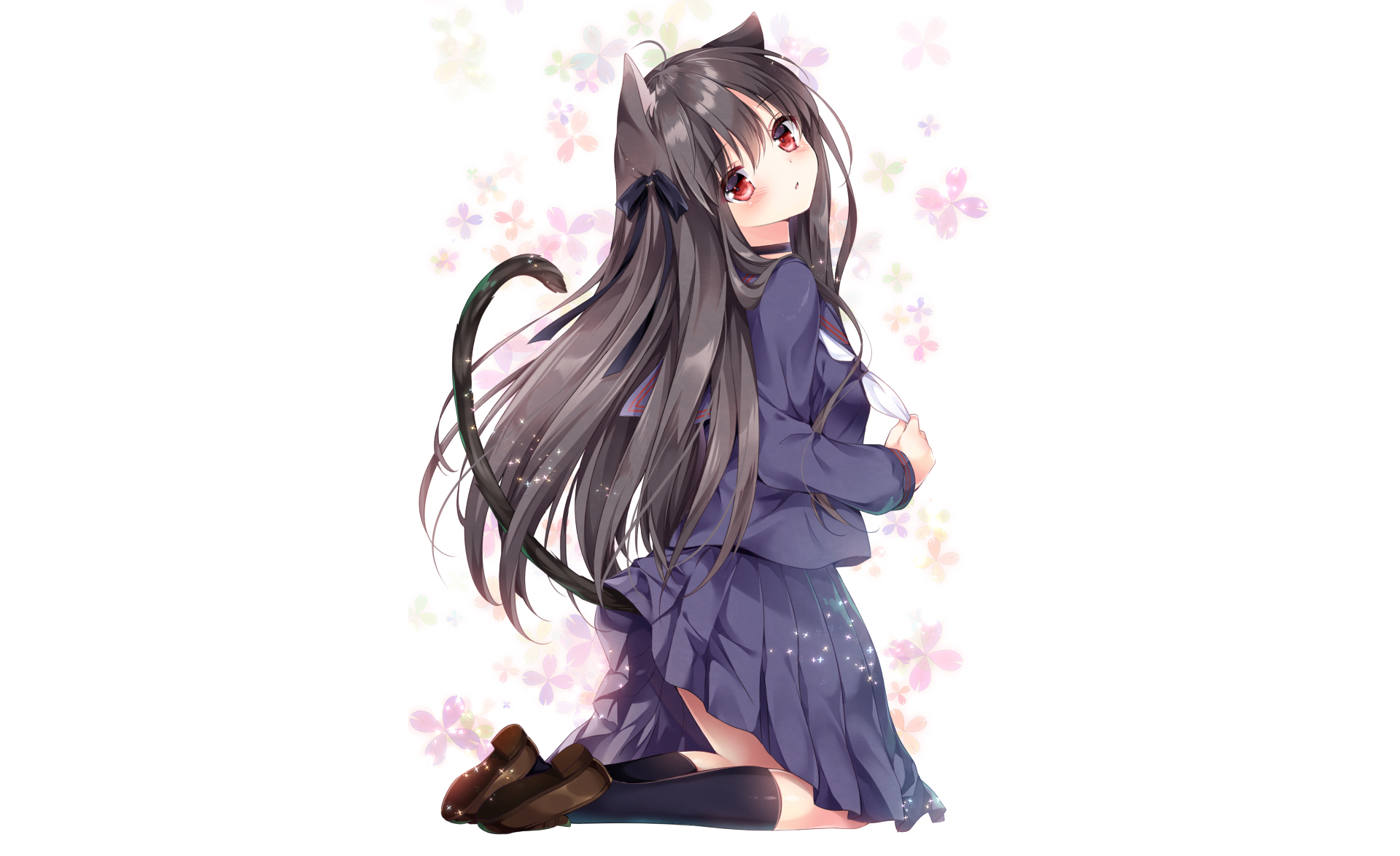 schoolgirl, anime, original, black hair, flower, long hair, nekomimi, school uniform HD wallpaper