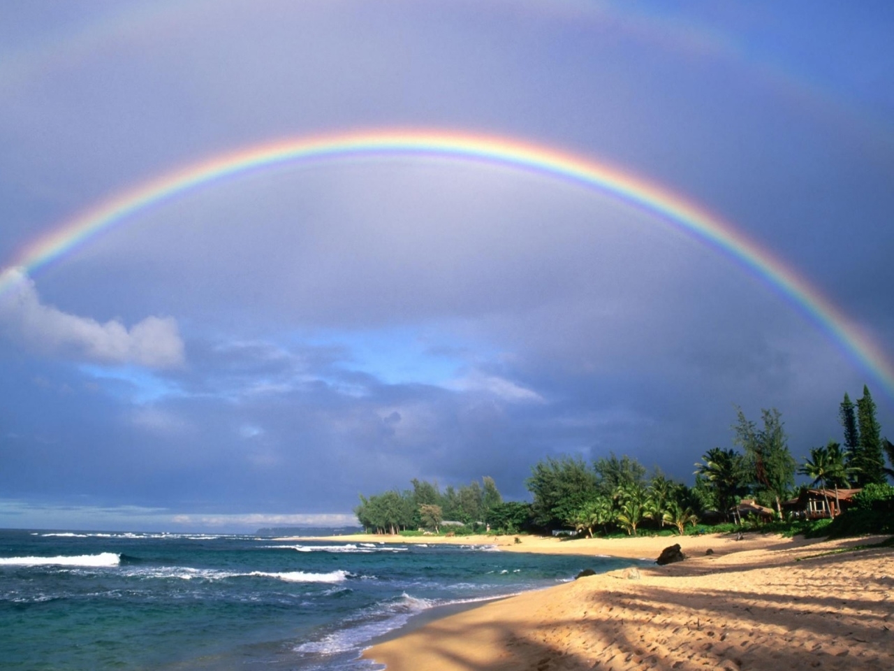 rainbow, landscape, sea, waves, beach, blue UHD