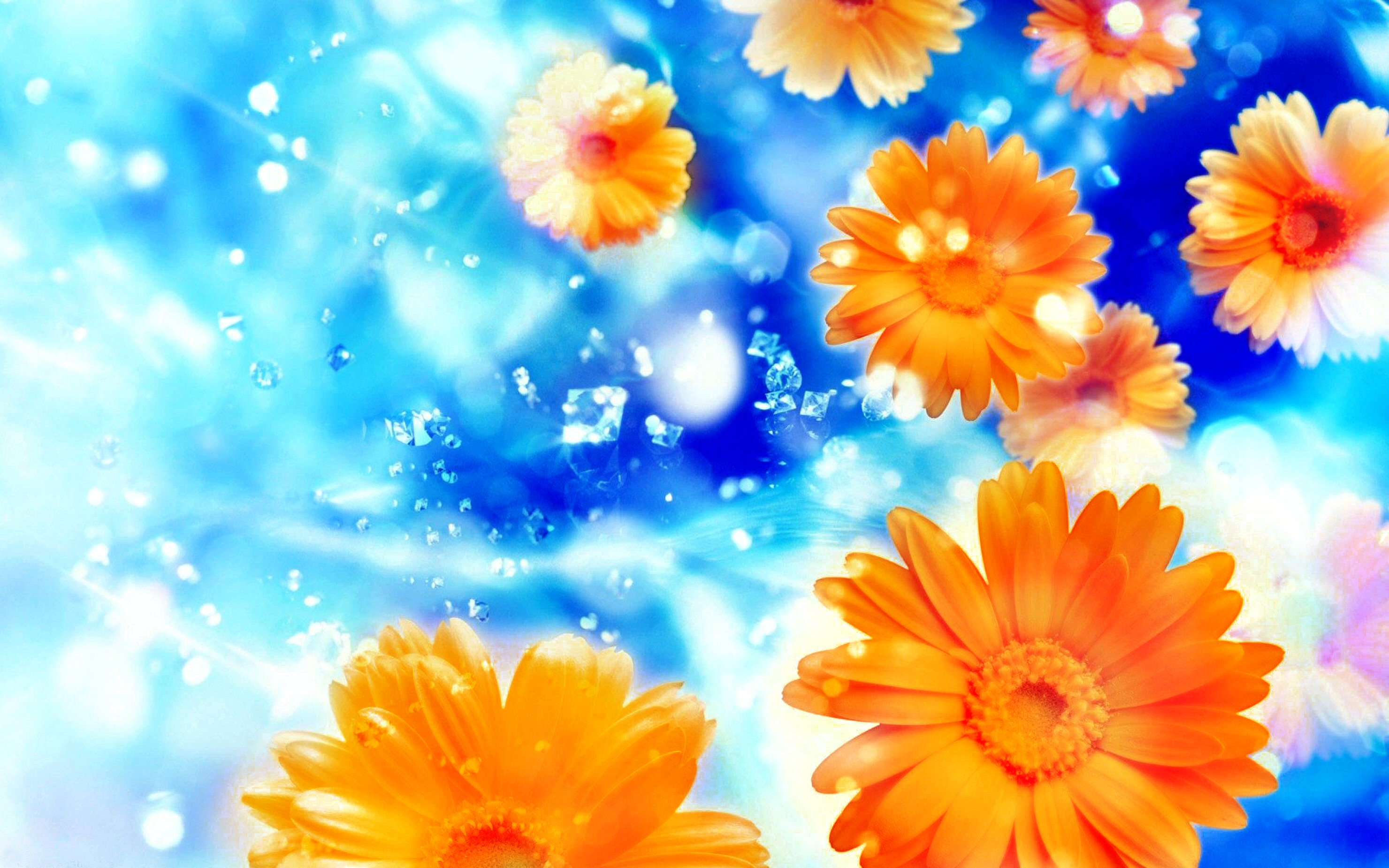 blue, yellow flower, artistic, flower, diamond, sunny Smartphone Background