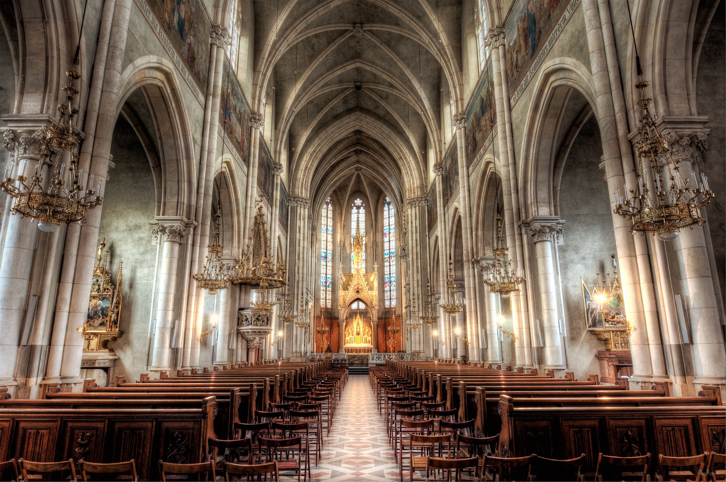 cathedral, religious, arch, architecture, chair, chandelier, cathedrals 2160p