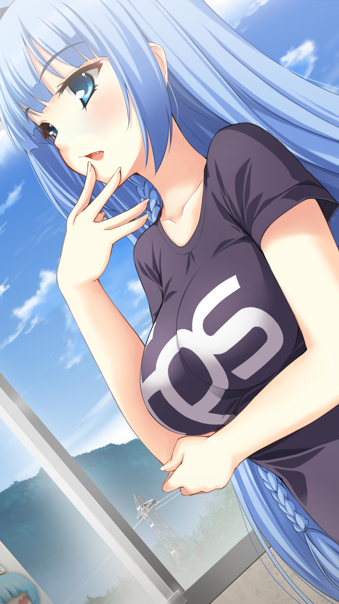 Download mobile wallpaper Anime, Shirt, Blue Eyes, Shorts, Original, Blush, Blue Hair, Long Hair for free.