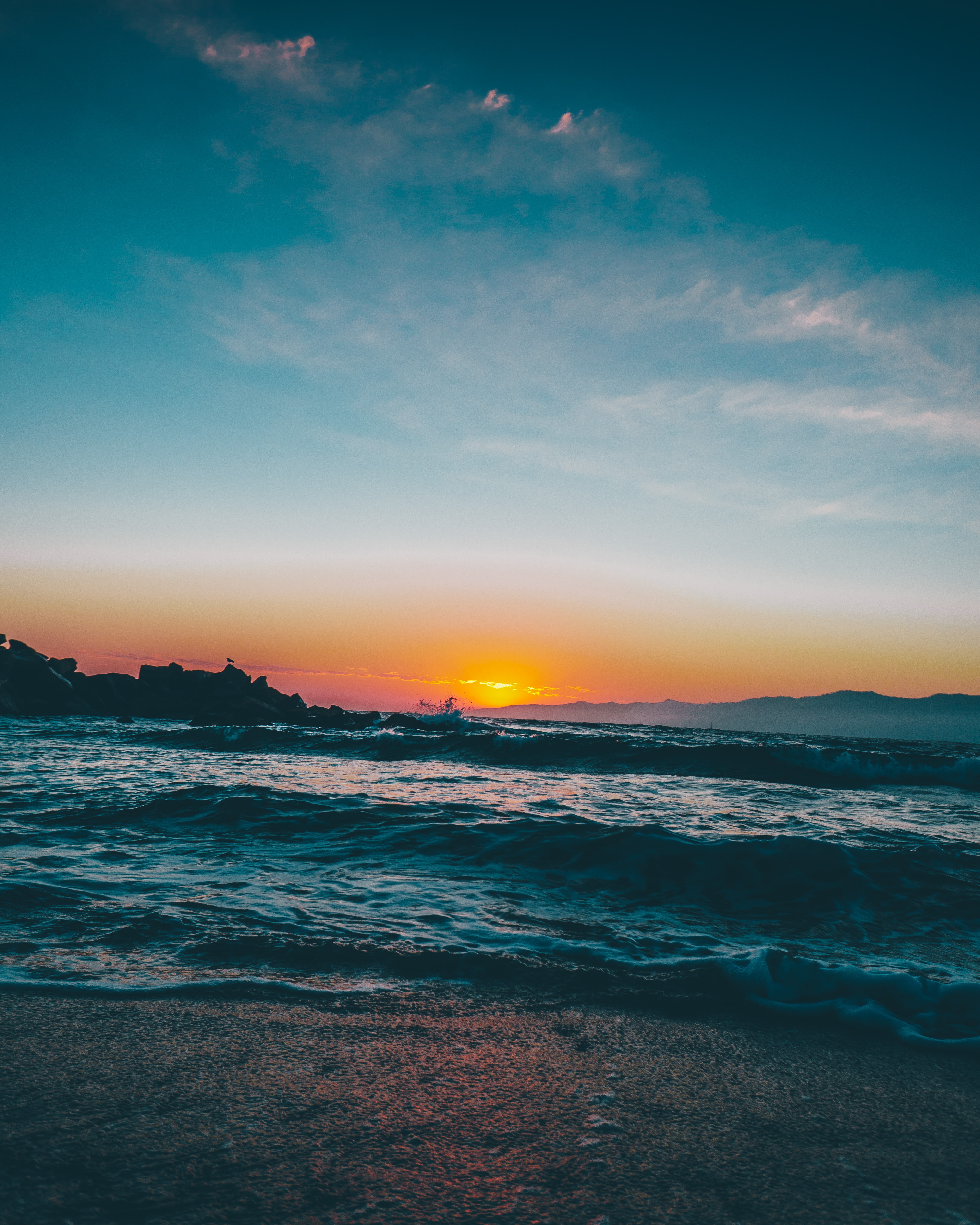 Laden Sie das Natur, Sunset, Dämmerung, Twilight, Sea, Waves, Strand-Bild kostenlos auf Ihren PC-Desktop herunter