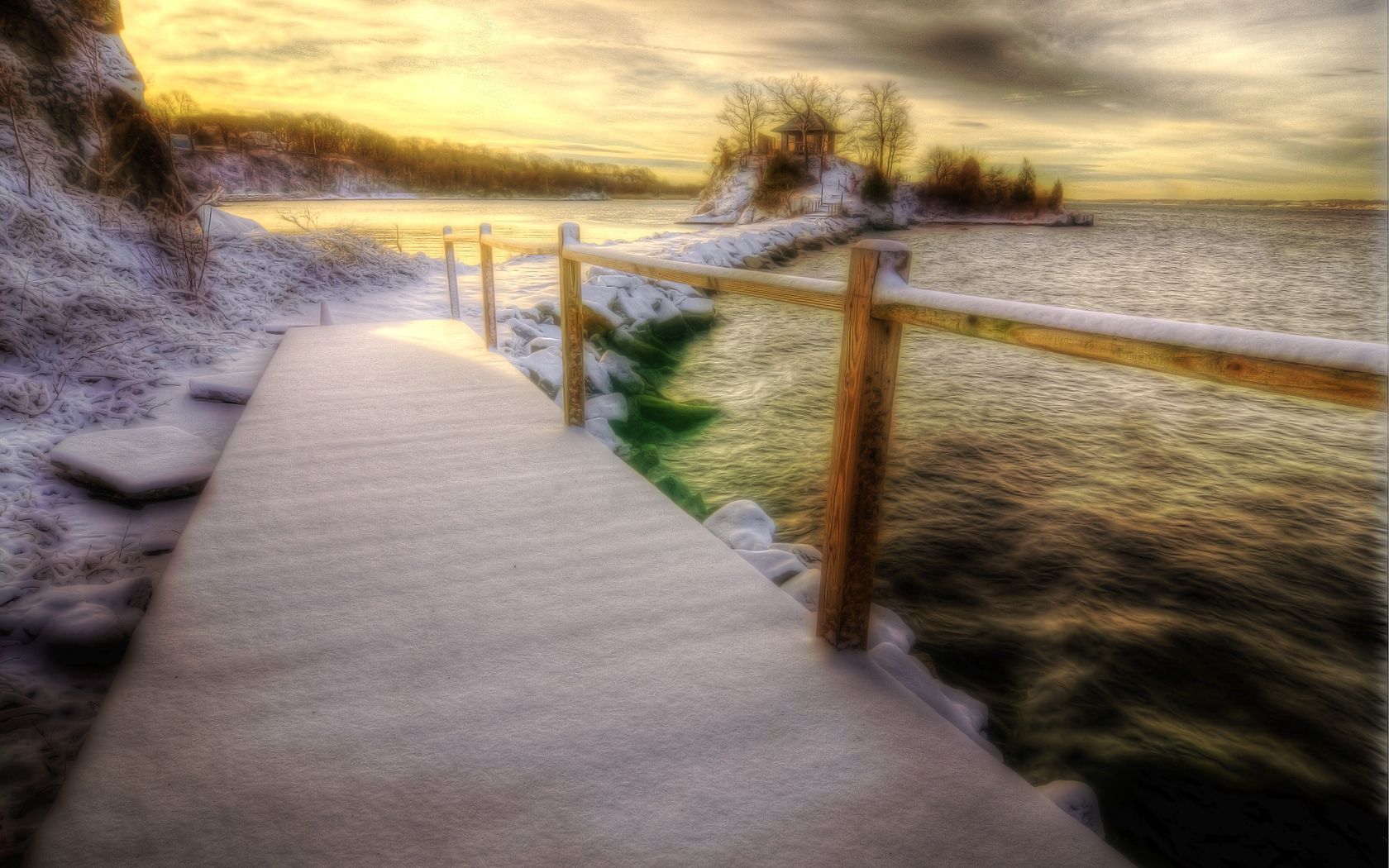 winter, nature, sea, snow, bridge, railings, handrail 4K