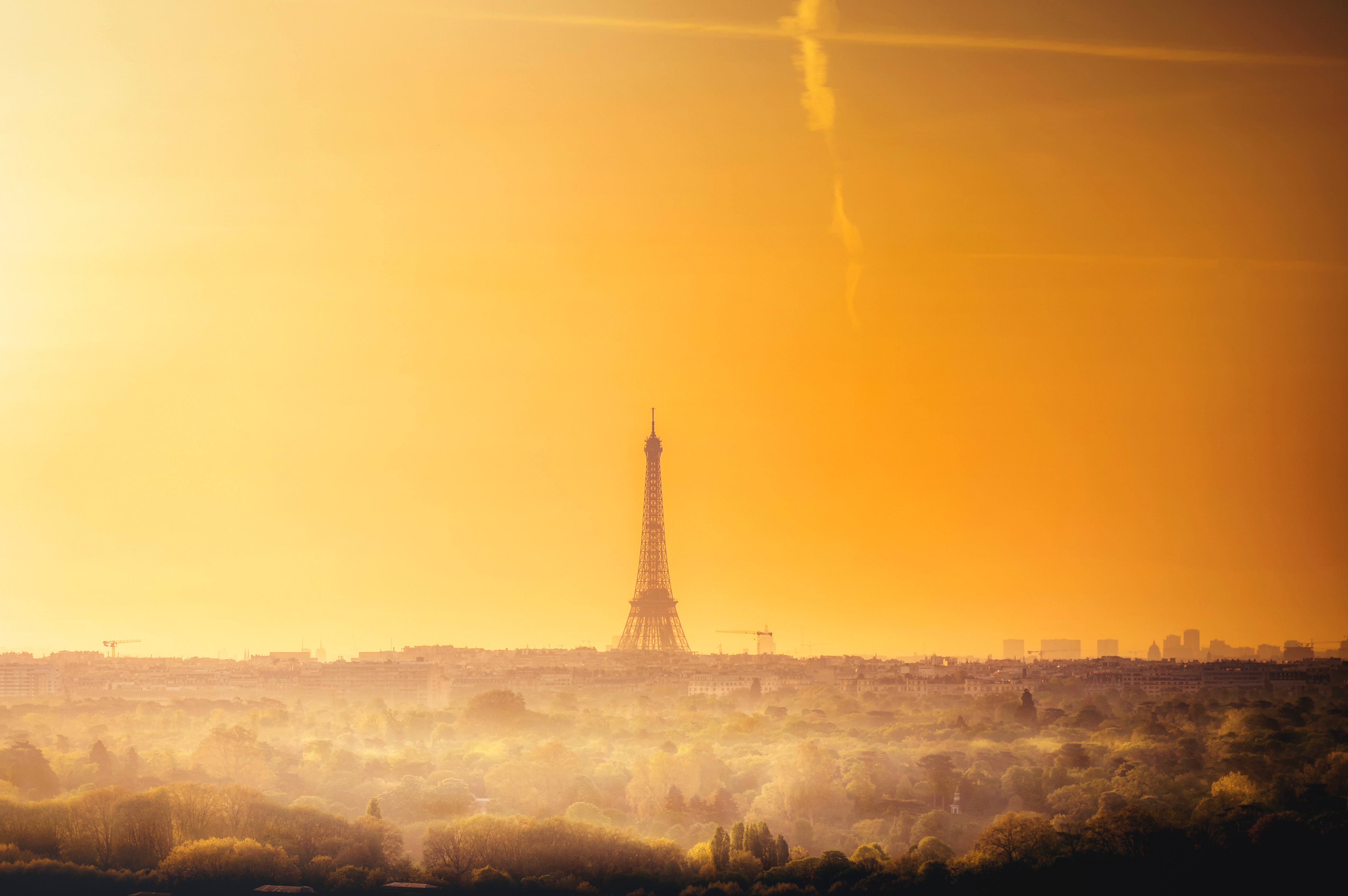 Скачать обои бесплатно Франция, Горизонт, Города, Эйфелева Башня, Рассвет, Париж картинка на рабочий стол ПК