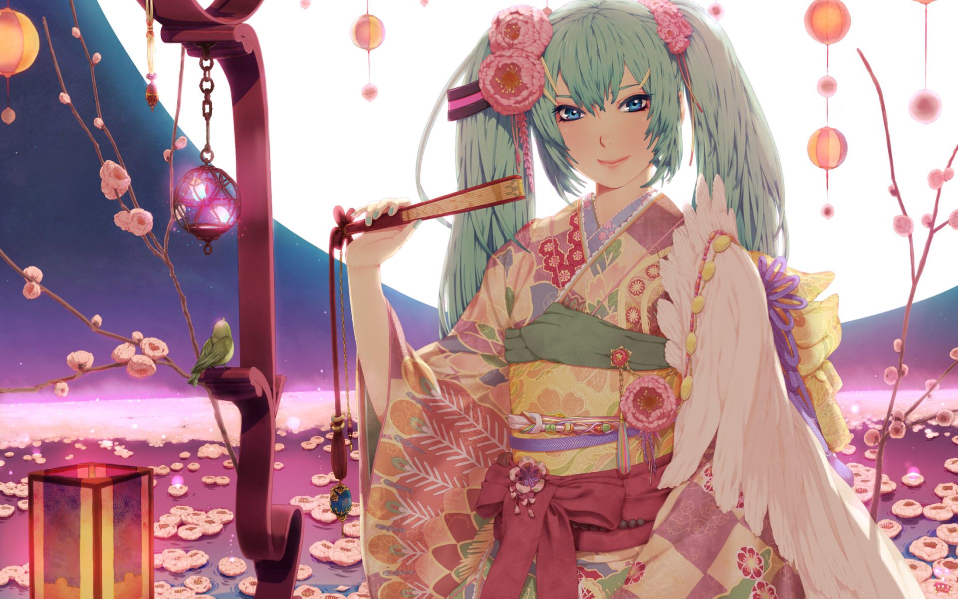 157640 télécharger le fond d'écran kimono, fille, anime, lune, sourire, le sourire, ventilateur, éventail - économiseurs d'écran et images gratuitement
