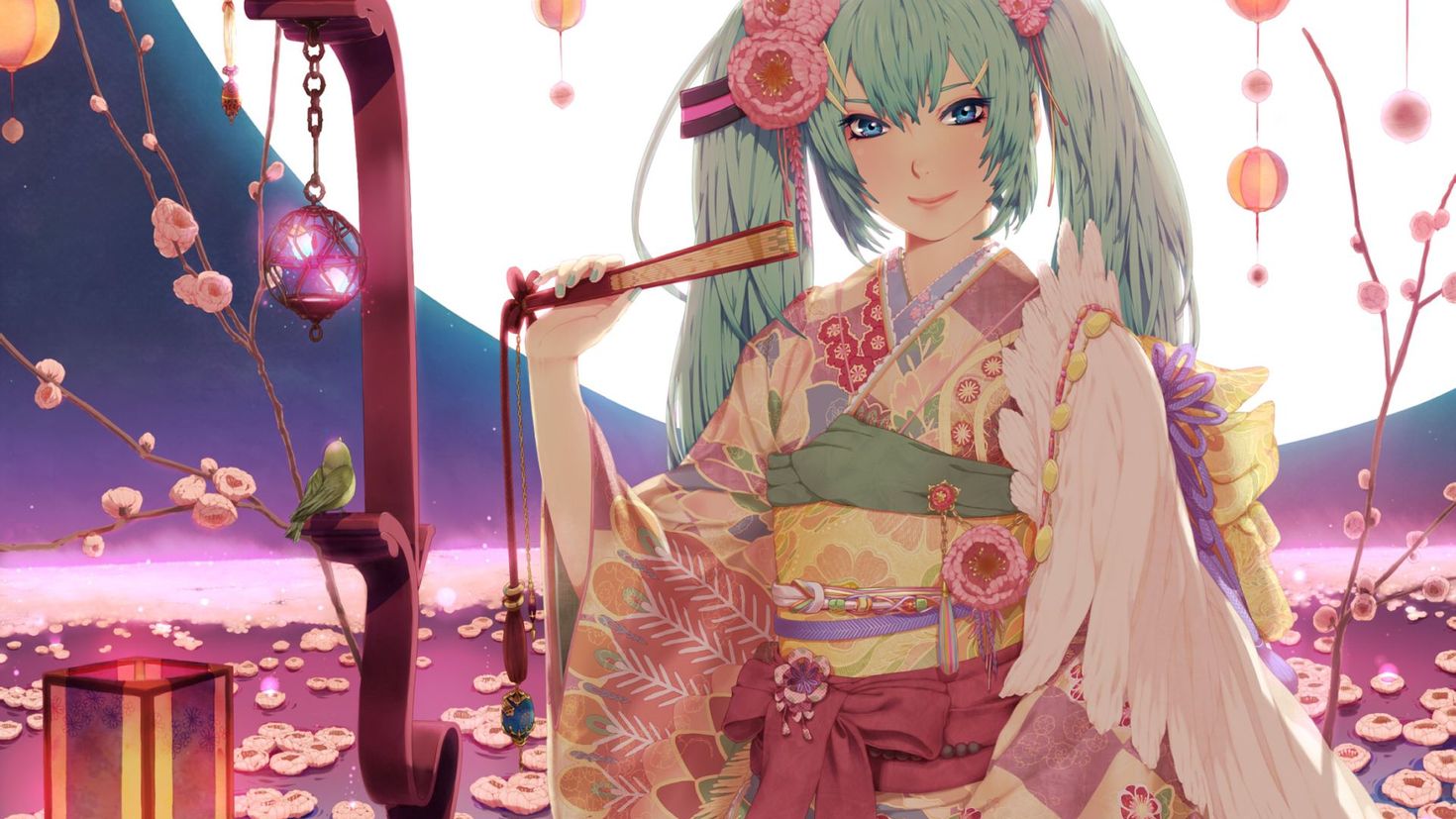 Аниме девушка в кимоно с веером