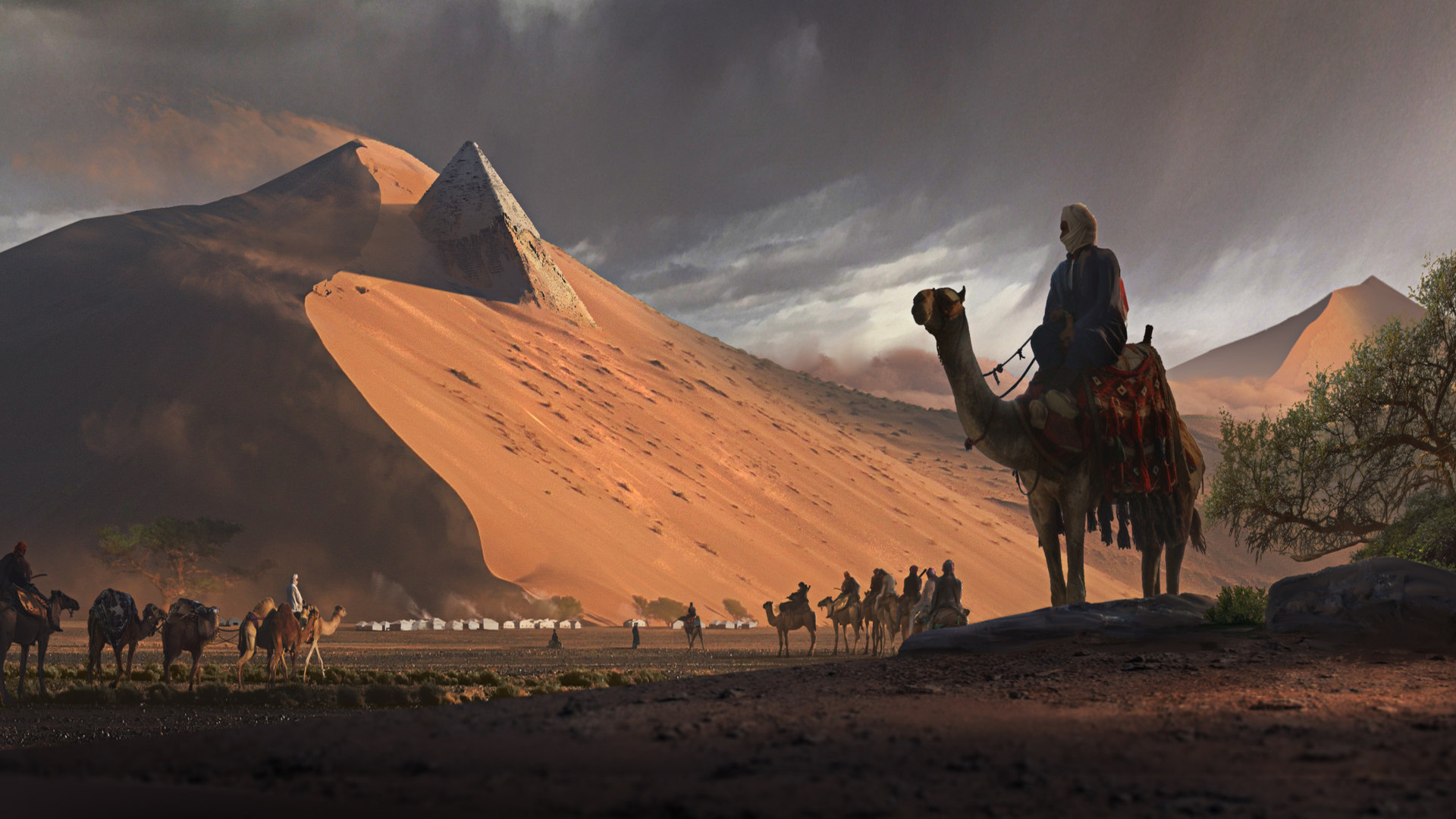 camel, fantasy, landscape, caravan, desert, dune, sand