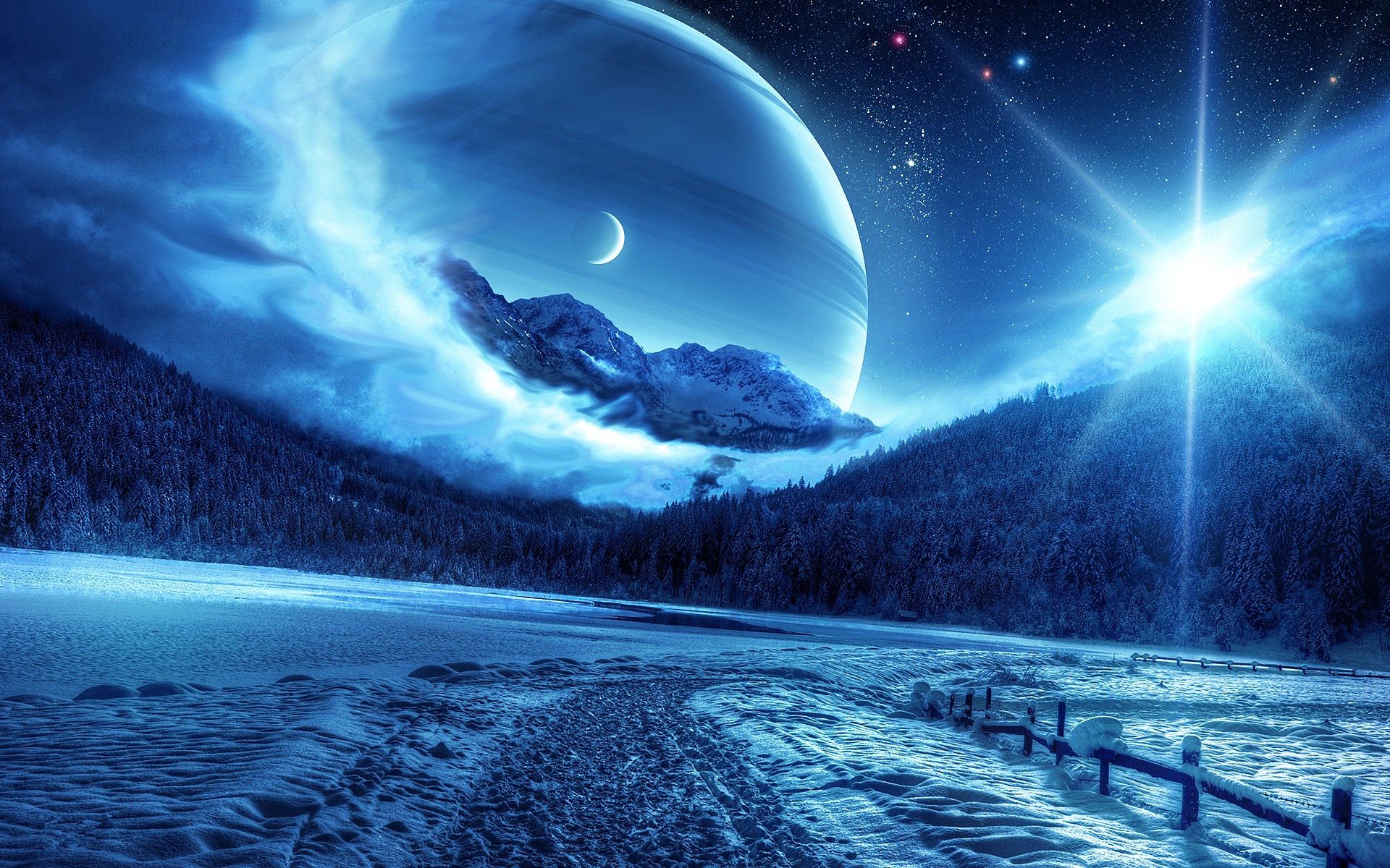 nature, winter, planets, mountains, night, road, fantastic landscape HD wallpaper