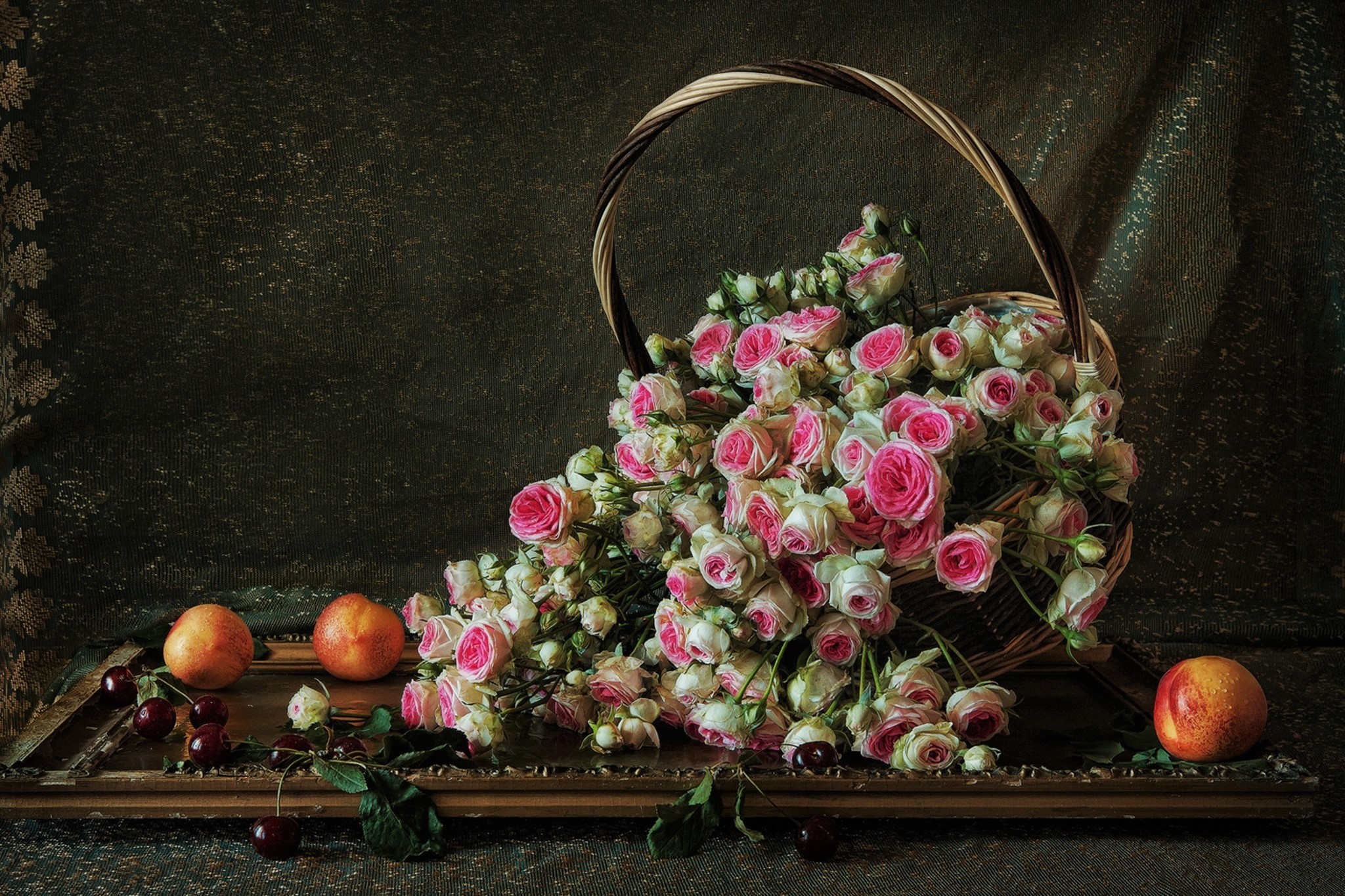 photography, still life, basket, cherry, flower, nectarine, rose phone background